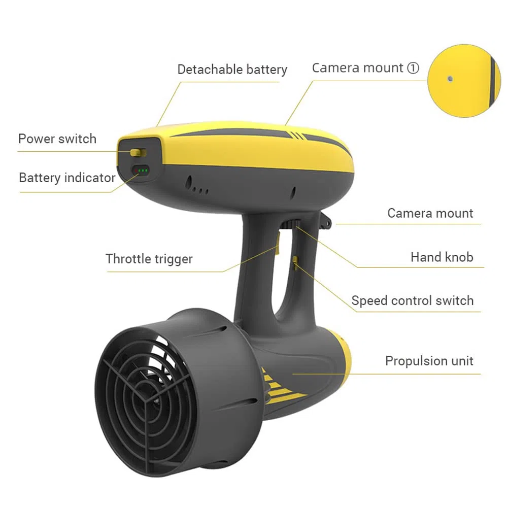 Monopattino subacqueo con 3 supporti per fotocamera, propulsore per immersioni subacquee, snorkeling, avventure in piscina, attrezzatura per sport acquatici per avventure in mare