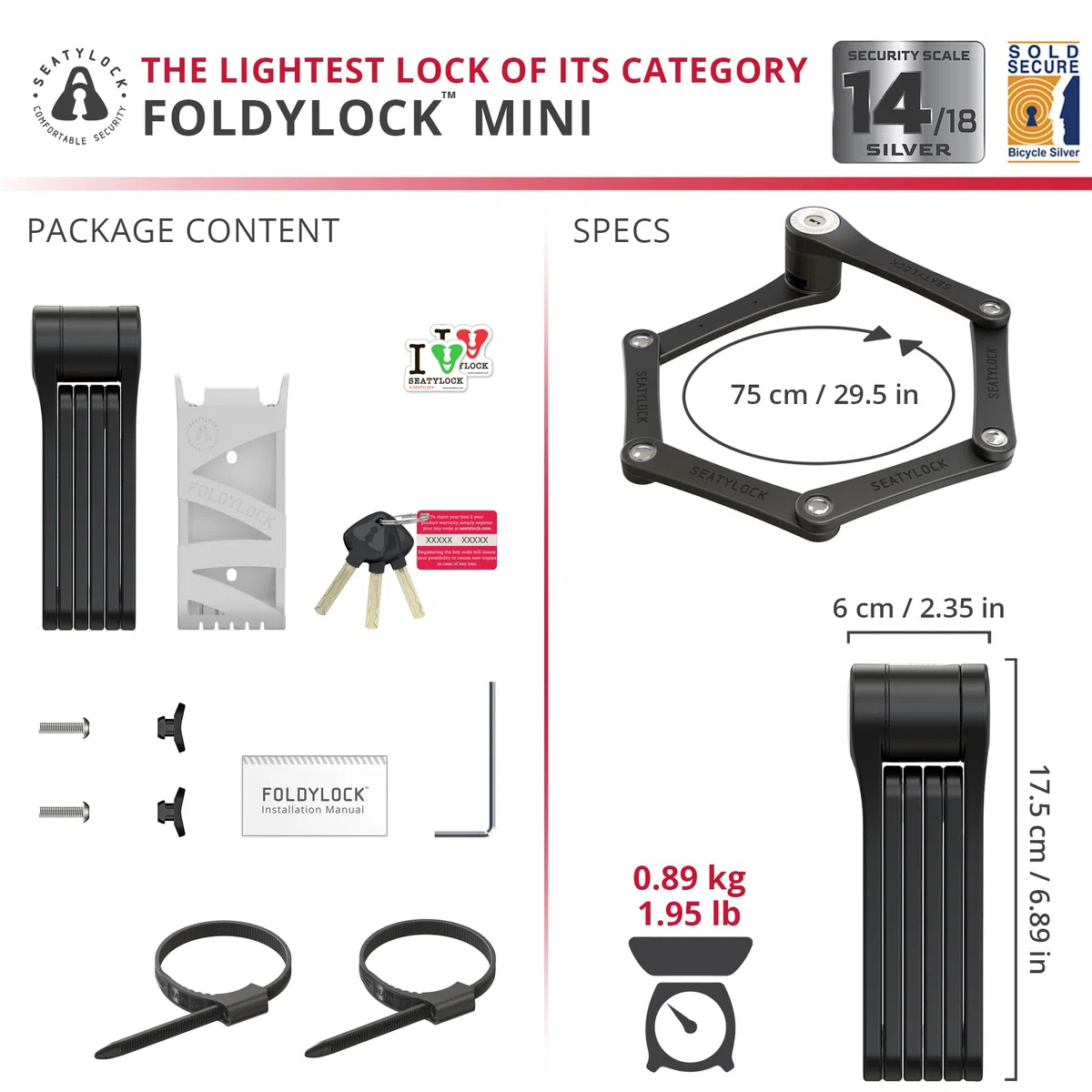 FoldyLock - Mini lucchetto pieghevole per bicicletta, leggero, brevettato, antifurto, con chiave, per scooter elettrico e bici da città, 75 cm