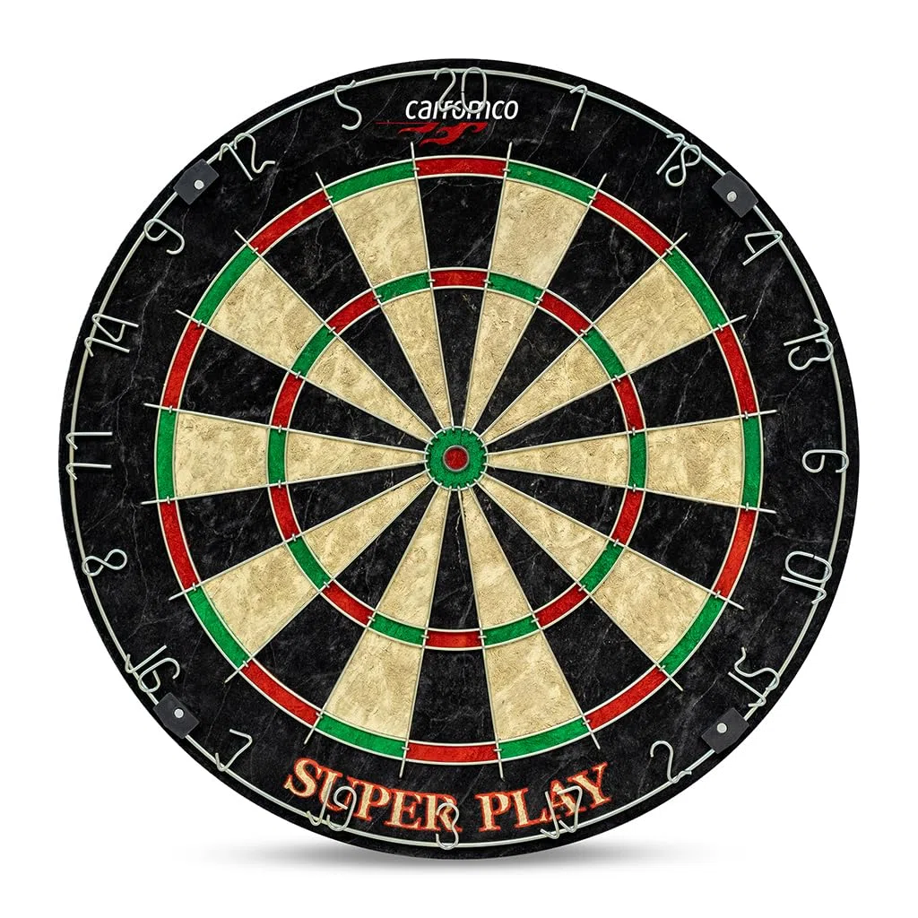 Carromco Steeldartboard Superplay - Bersaglio in sisal di alta qualità in formato tuning, professionale con anello numero di metallo, set di freccette con 3 freccette morbide e 3 freccette in acciaio