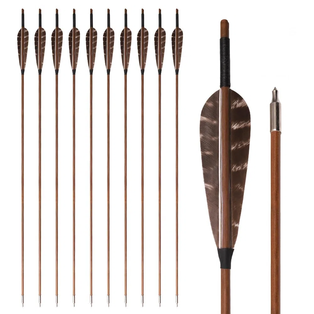 12 pz Frecce di bambù 33” Lunghezza Albero OD 7mm 8mm 5" Piuma di Tacchino Freccia de 2 Vane per Arco Ricurvo Tradizionale Arco Lungo Caccia Pratica di Tiro con L'Arco