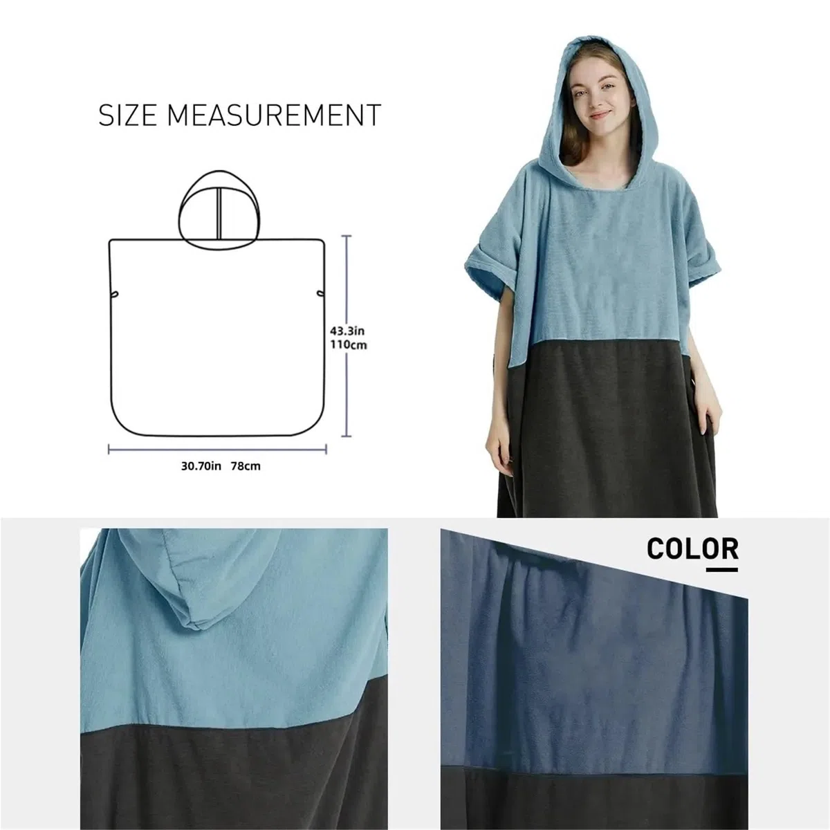 Poncho Surf Aiuto Cambio Spiaggia Poncho da surf, asciugamano, poncho ad asciugatura rapida, con cappuccio, accappatoio spiaggia, bagno for adulti(Dark Blue)