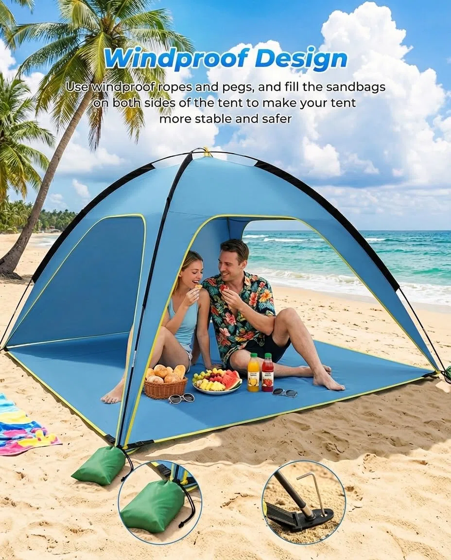 MYMULIKE Tenda da spiaggia UV50+, protezione solare, 210 x 210 x 130 cm, 4-6 persone, poliestere 190T con aste in fibra di vetro da 8 mm, portatile, con sacchi di sabbia/picchetti, per spiaggia