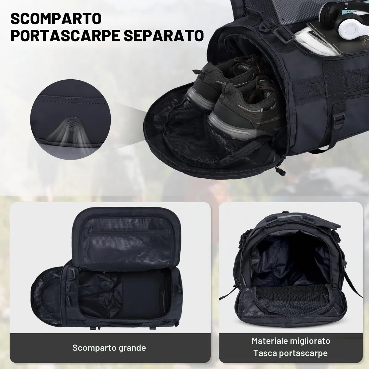 MIER Grande borsone sportivo da palestra con scomparto per scarpe, resistente e impermeabile, nero, 45L/60L/90L