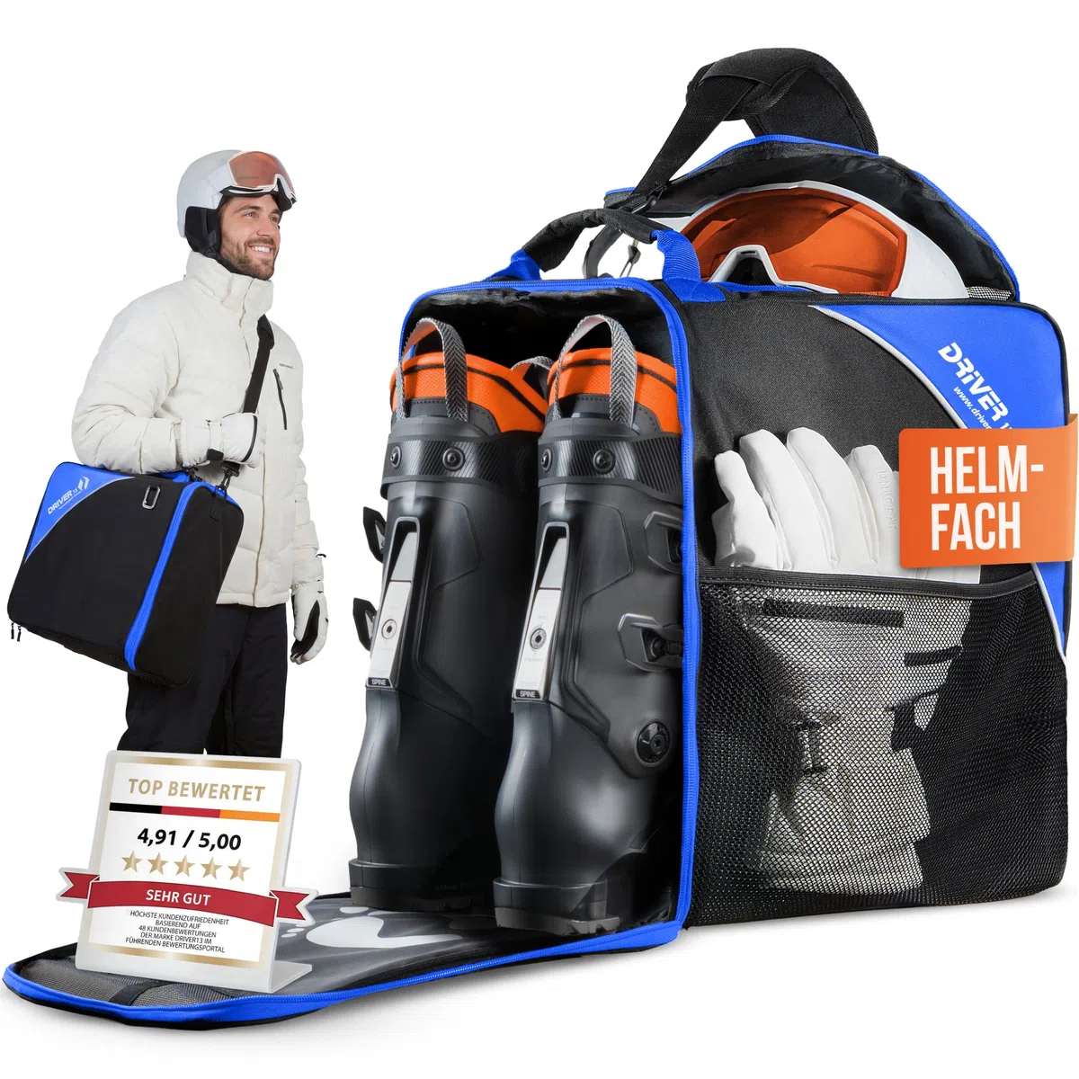 Driver13 borsa per scarponi/scarpe da sci con scomparto casco (bootbag) per scarpe da sci e boots snowboard (nero/blu)