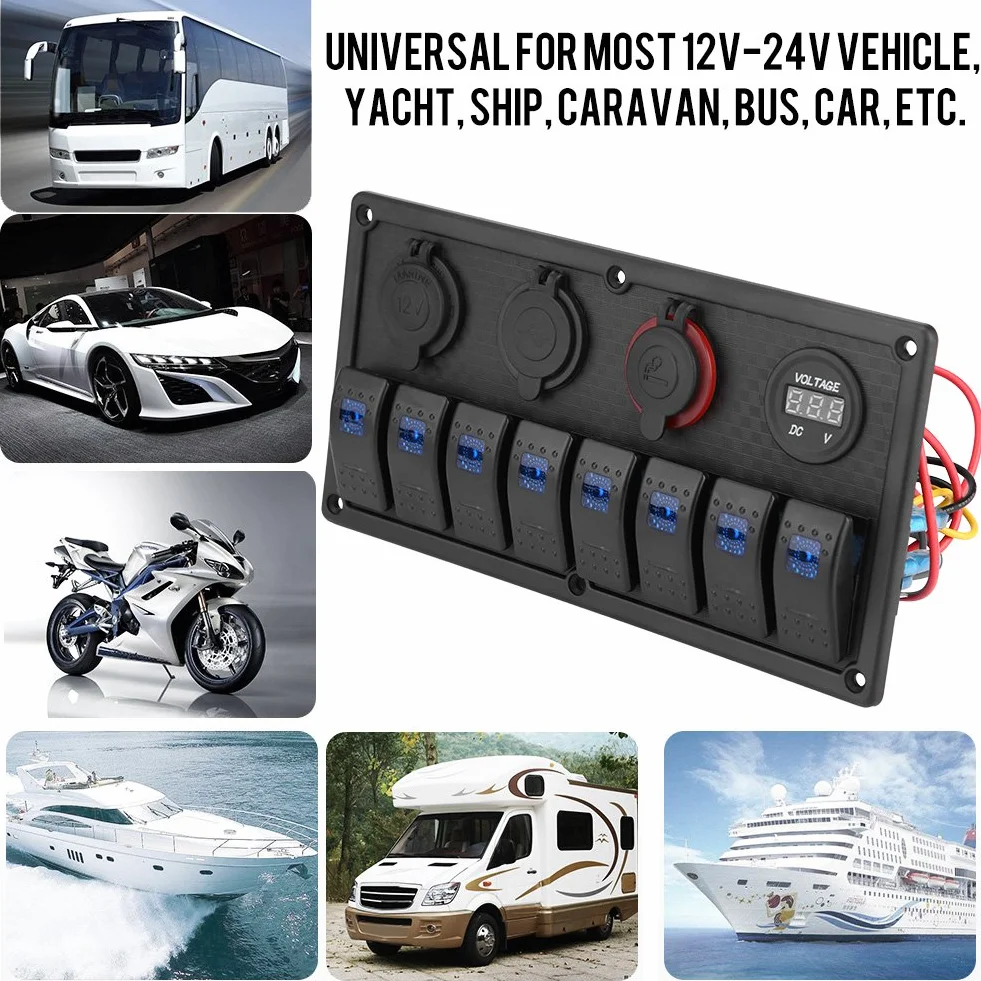Interruttore a bilanciere 12V 24V 8 Gear Car Boat Impermeabile Interruttore a bilanciere a led Pannello di controllo Doppio voltmetro USB Accendisigari + panel interruptor