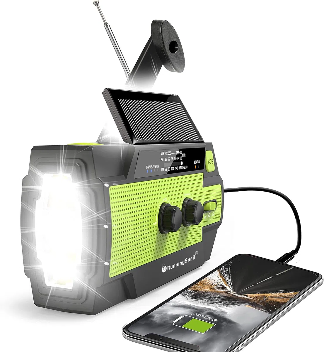 Radio di emergenza a manovella, 4000 mAh, con manovella a energia solare, portatile, AM/FM/NOAA, radio meteorologica con torcia da 1 W e lampada da lettura con sensore di movimento, caricabatterie per