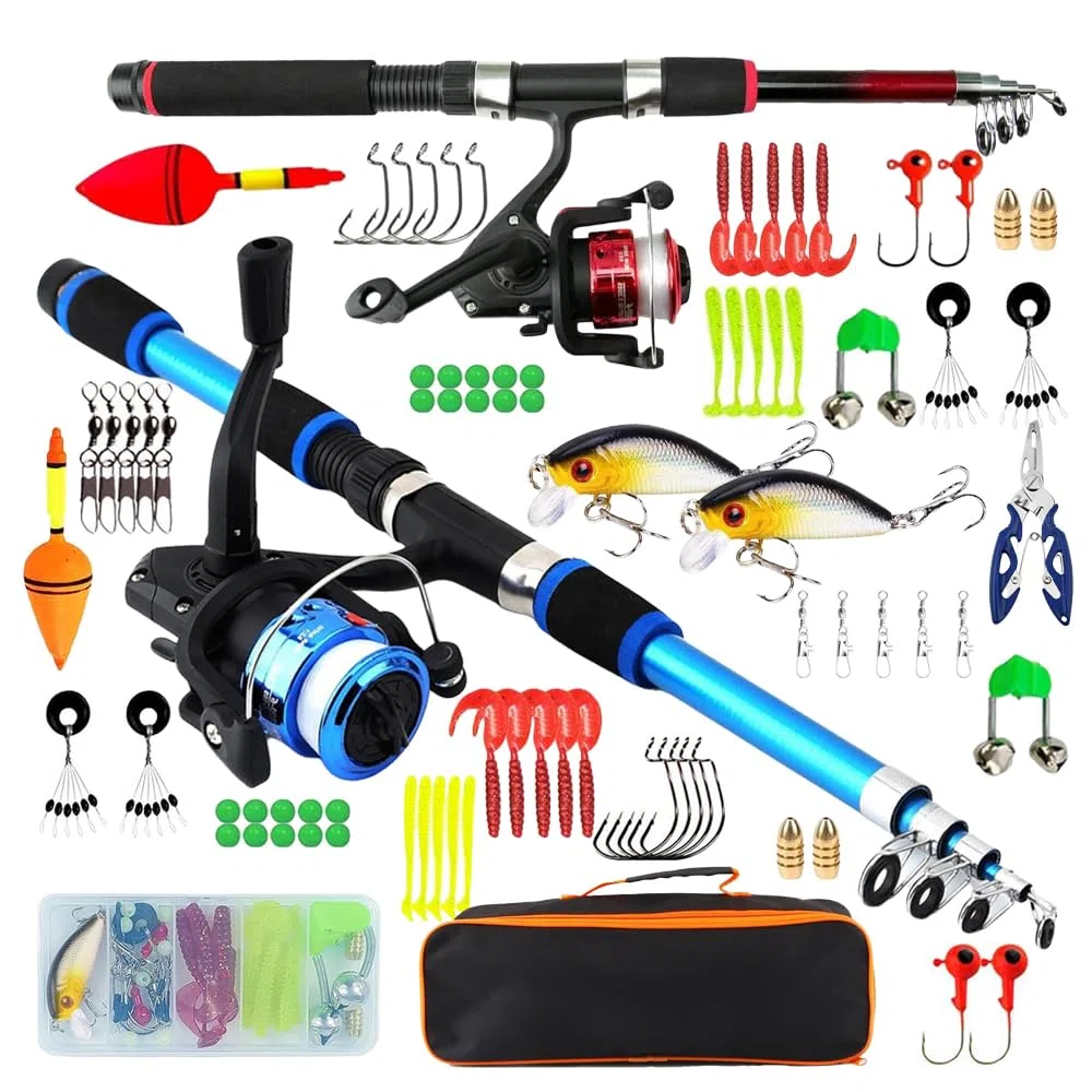 1,8M Canna da Pesca Bambino, 2 Set Iniziale di Canna da Pesca per Bambini, Set Completo di Canne da Pesce Telescopica con Mulinello, Esche, Filo, Ami, Kit Portatile per Principianti Bambini