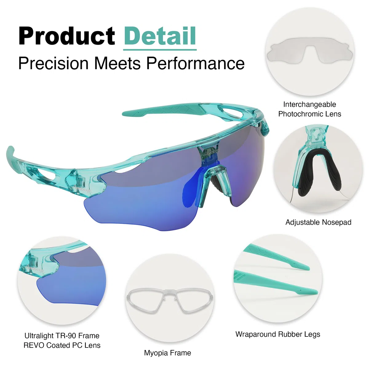 Occhiali da ciclismo fotocromatici intercambiabili lenti PC Revo UV400 protezione MTB occhiali sportivi ciclismo triathlon corsa occhiali da sole per donne uomini specchio blu menta