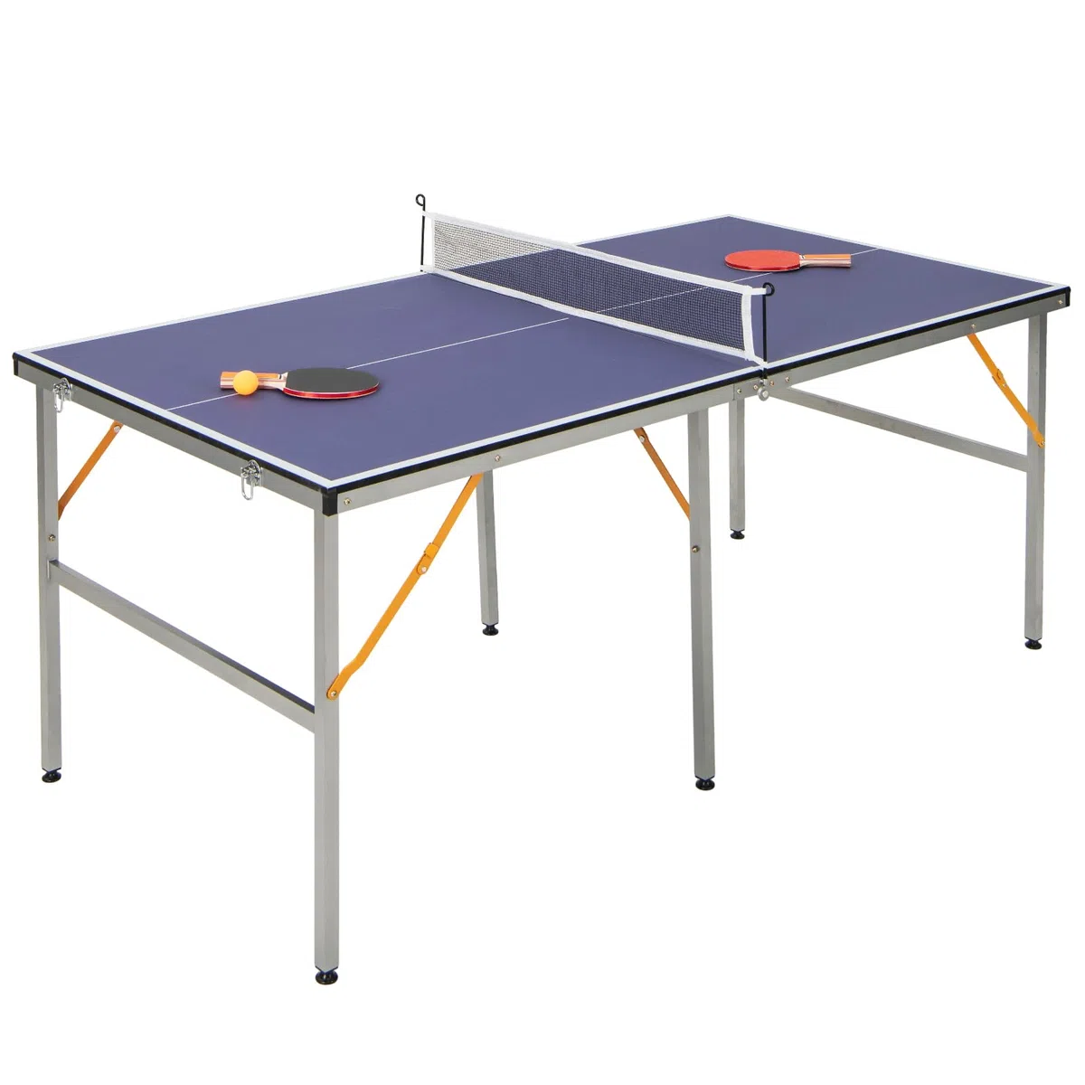 GYMAX Set Tavolo da Ping Pong Completo, Gioco da Ping Pong Pieghevole con Rete, 2 Racchette, 3 Palline, Maniglia Portatile, Tavolo da Ping Pong da Interni ed Esterni, Blu