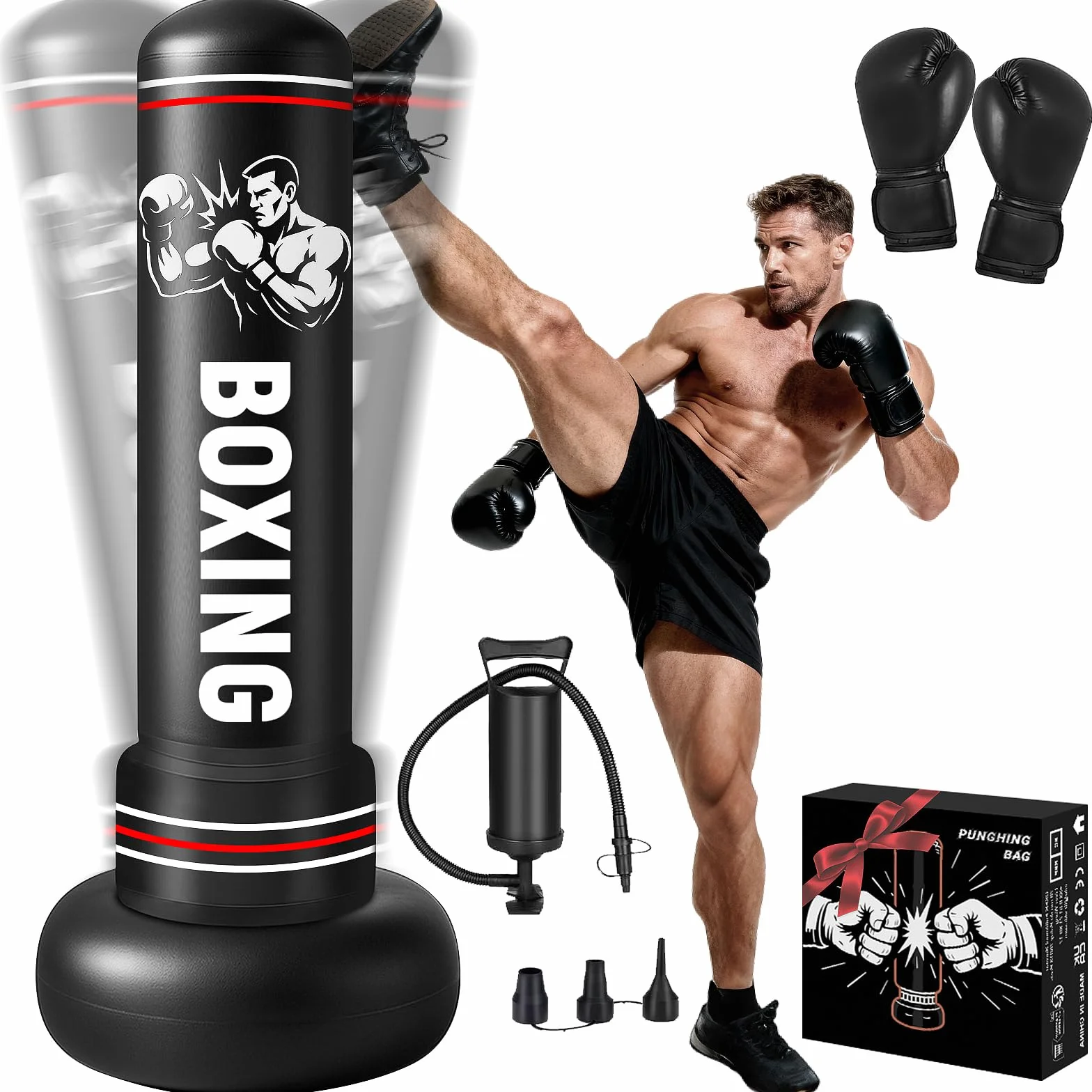 Sacco da Boxe da Terra,190cm Sacco da Boxe per Adulti Gonfiabile con Guantoni e Pompa, Gonfiabile Pungiball Bambini per Kickboxing, Karate, Boxing Bag da Casa e Ufficio