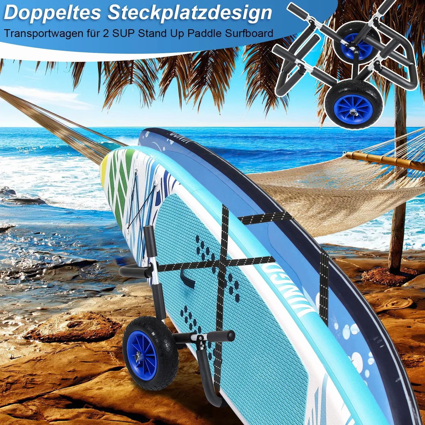 Tavola gonfiabile Stand Up Paddling, tavola da surf SUP con accessori Premium SUP e backpack, non scivola, leash, paddle, pompa a mano e carrello di trasporto SUP