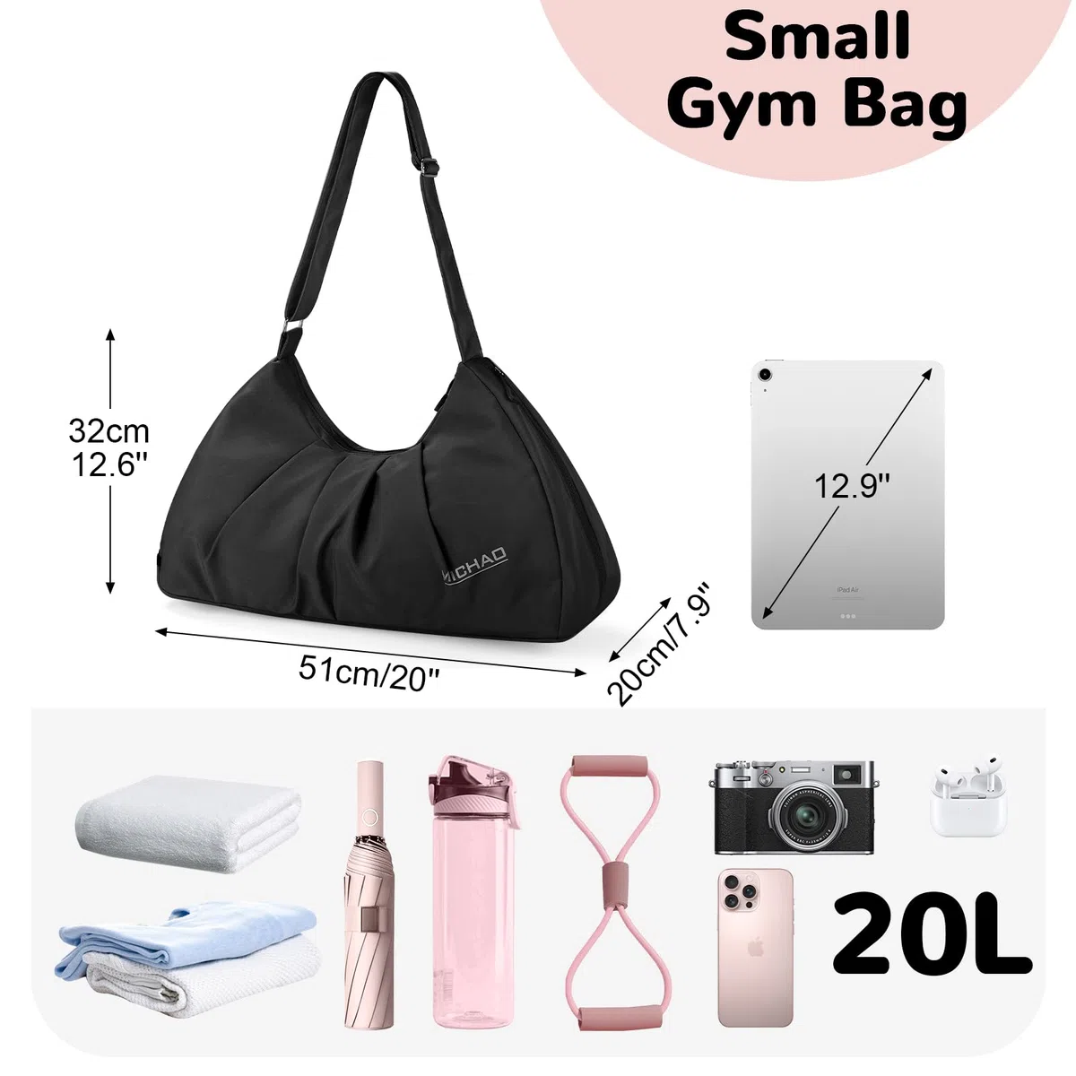 Borsa Palestra Donna con Diseño Plisado Piccola, Elegante Borsa Sportivo con Scomparto per Scarpe, Borsone Piscina con Tasca Bagnata, Gym Duffel Bag per Fitness Viaggio, Nero
