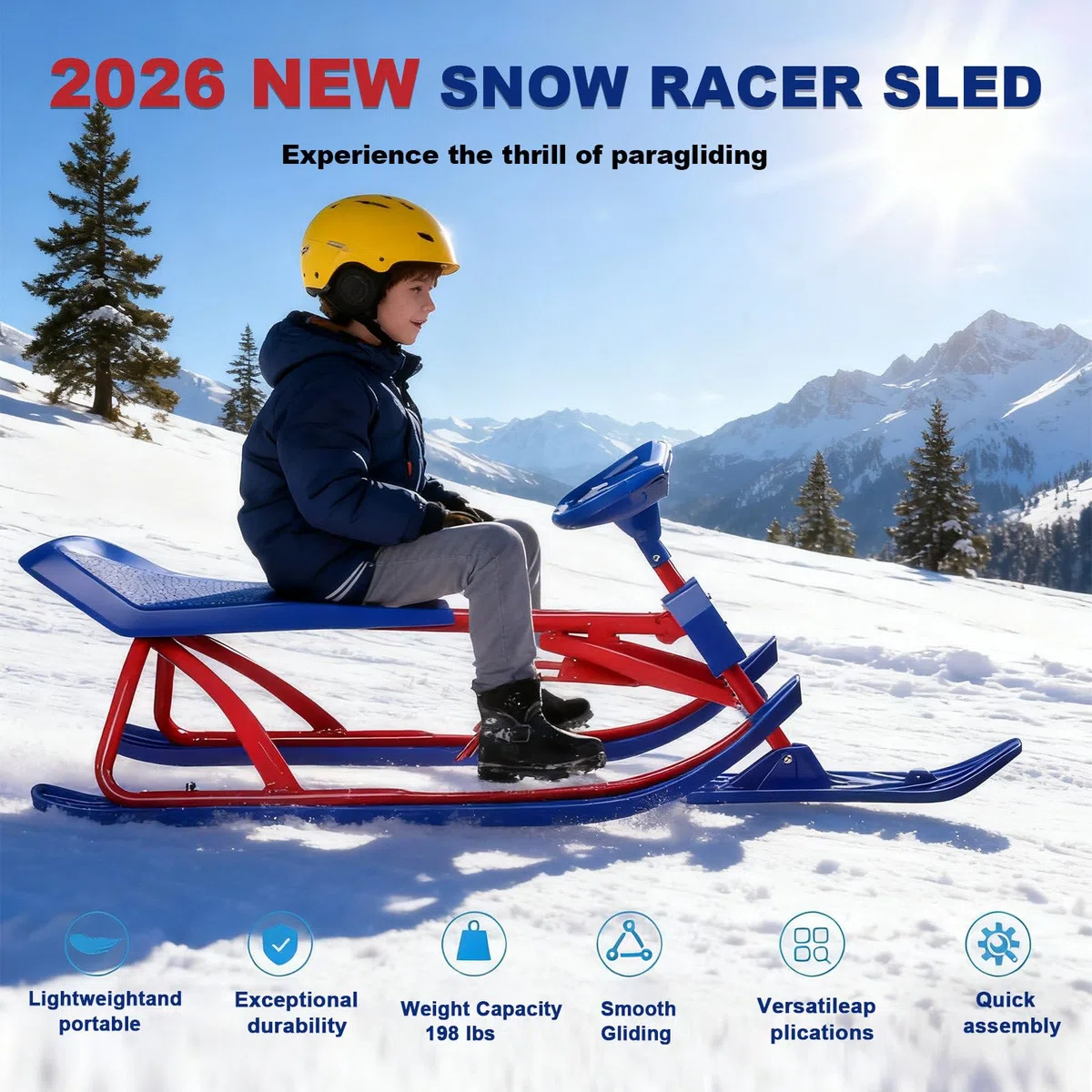 Slitta da Sci,Slitta da Neve,Slitta da Sci per Adulti E Bambini,con Volante E Doppi Freni,Slitta da Neve per Impieghi Gravosi per Sport Invernali,capacità di Carico di 220 Libbre A