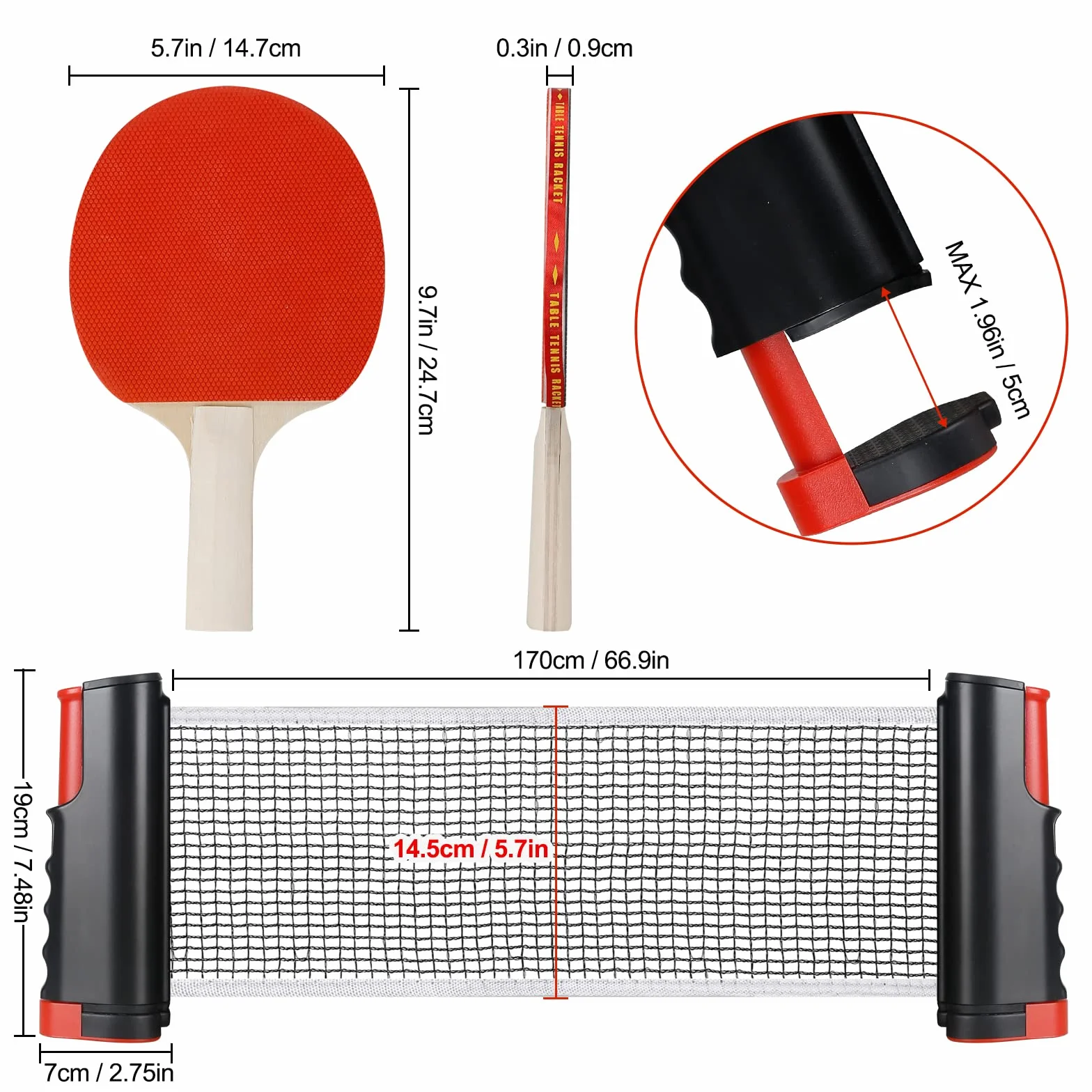 Set da Ping Pong Portatile Con Rete Regolabile, 2 Racchette, 3 Palline, Borsa a Rete Con Coulisse - Per Tavolo Ping Pong
