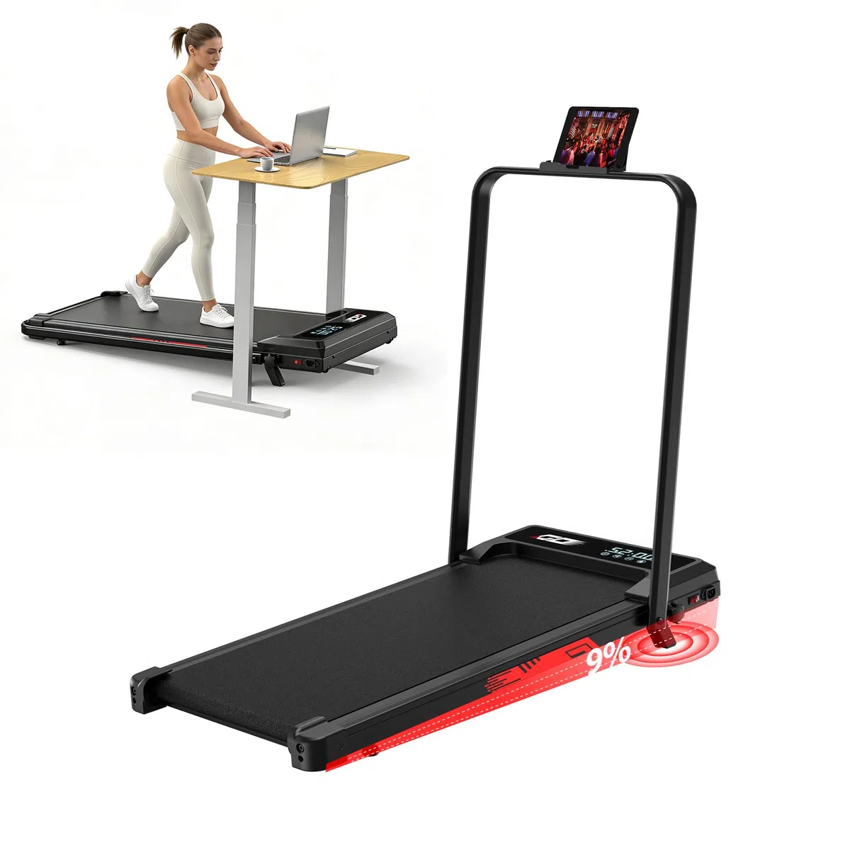 Tapis Roulant Elettrico Pieghevole 3 in 1 con Inclinazione 9%, Walking Pad 1-10 km/h, Motore Brushless Silenzioso 3,0 HP, Portata 140 kg, Display LED, Ammortizzato, Salvaspazio per Casa e Ufficio