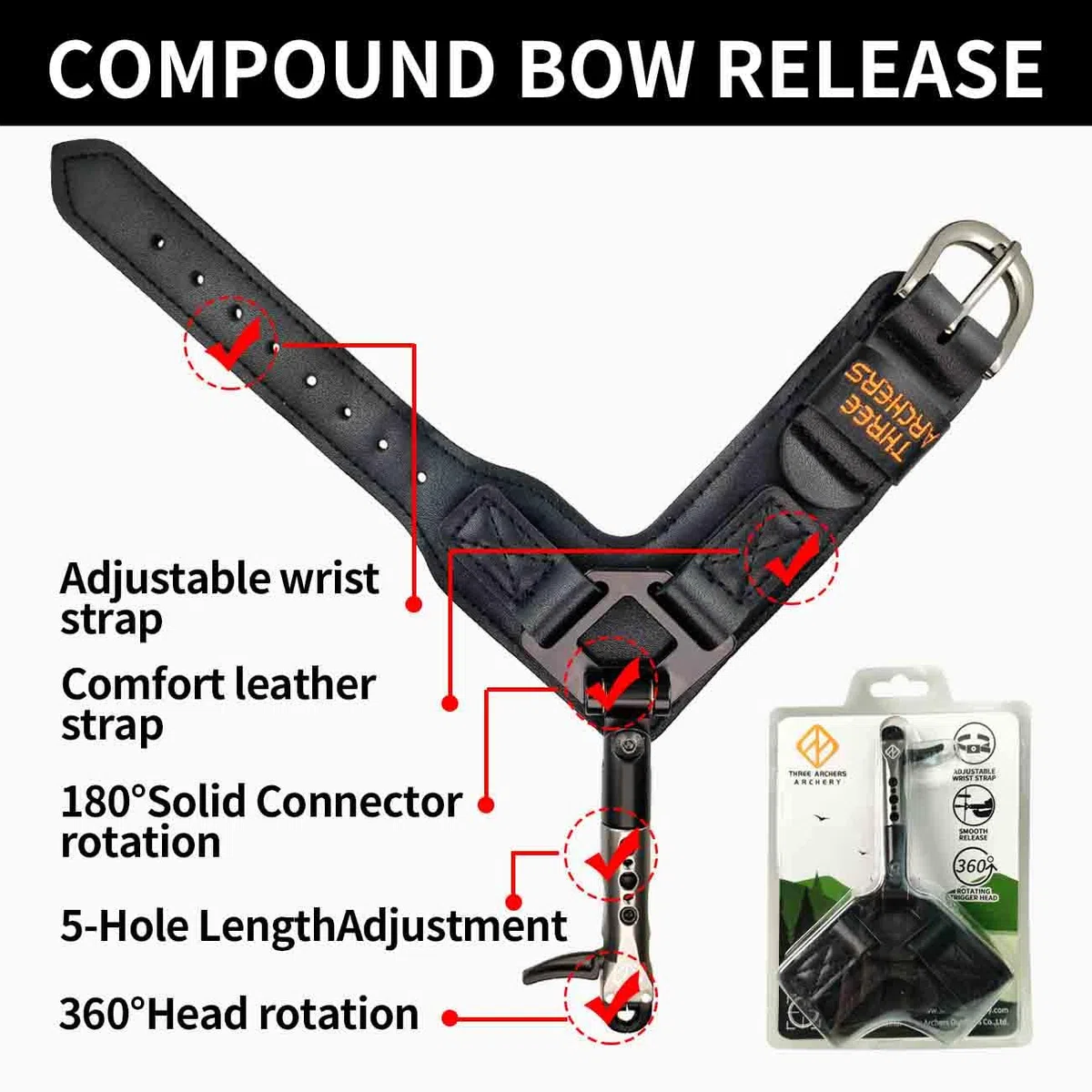 THREE ARCHERS Compound Bow Release Sensitive Trigger Jaws Release con cinturino in pelle fibbia