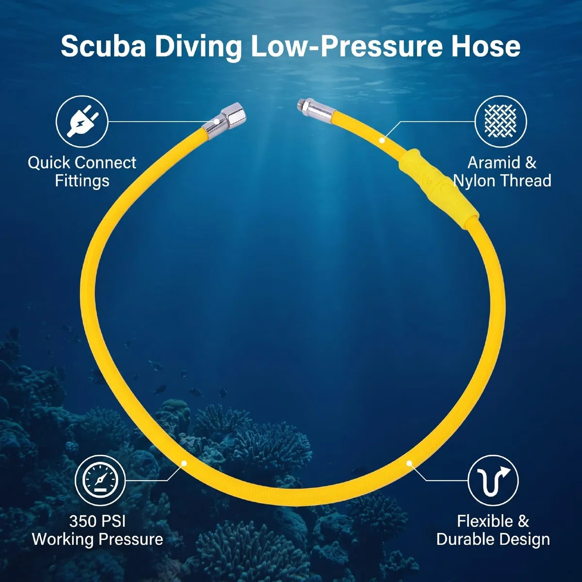 Tubo Bassa Pressione per Immersioni Subacquee, Resistenza 350 PSI | Interfaccia universale, flessibilità per tutte le condizioni atmosferiche, connessione rapida, nylon aramidico, adatto per