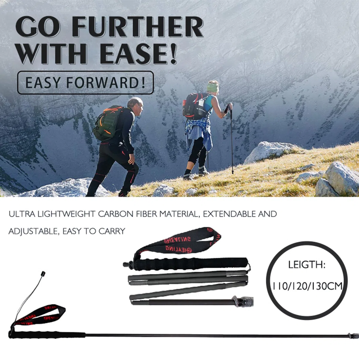 Bastone da trekking pieghevole in fibra di carbonio, ultraleggero, per appassionati di alpinismo, adatto per viaggi, campeggio, escursionismo, 3