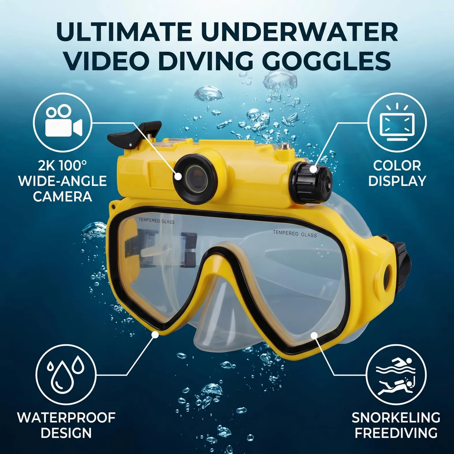 CCYLEZ Maschera Subacquea con Videocamera 2K, Angolo Grandangolare 100° per | Cornice in ABS e Silicone, Impermeabile Fino a 15m, Foto da 50MP, Batteria da 600mAh, Supporto WiFi Tramite app.