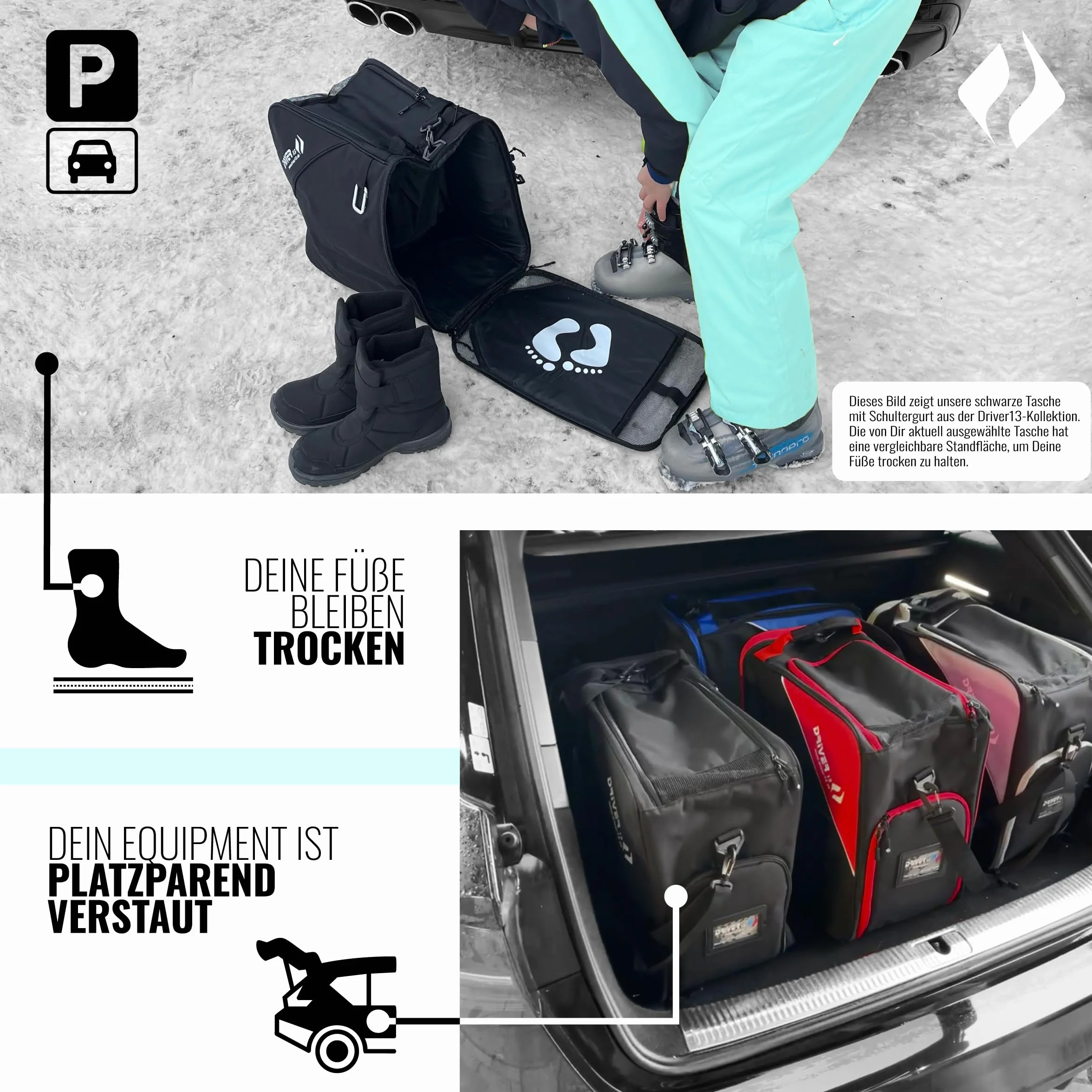 Driver13 borsa porta scarponi da sci (bootbag) con scomparto casco e scomparto maschera, per scarponi da sci e boots snowboard, tasche extra, nero