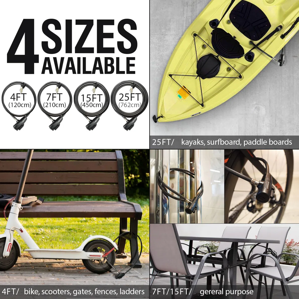 MARQUE Serratura per bici con chiave: 25 m 3/8" serrature per cavi diritti con chiavi, cavo di sicurezza antifurto per biciclette, scooter, kayak, paddle board, cancelli