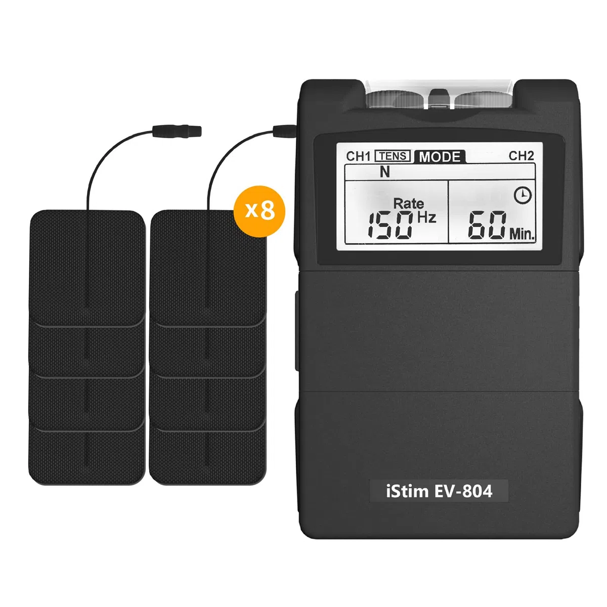 iSTIM EV-804 TENS/EMS Unità combinata a 2 canali - Stimolatore muscolare per sollievo dal mal di schiena, gestione del dolore e rafforzamento muscolare - 7 modalità, 24 programmi (8 elettrodi inclusi)