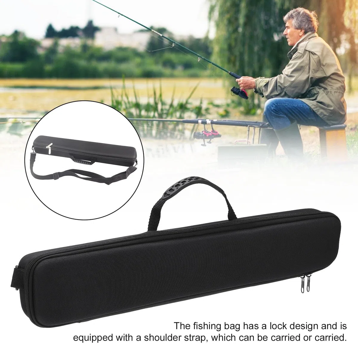 Borsa rigida in EVA per canna da pesca con borsa interna a rete, tracolla, doppia cerniera in metallo e design con serratura