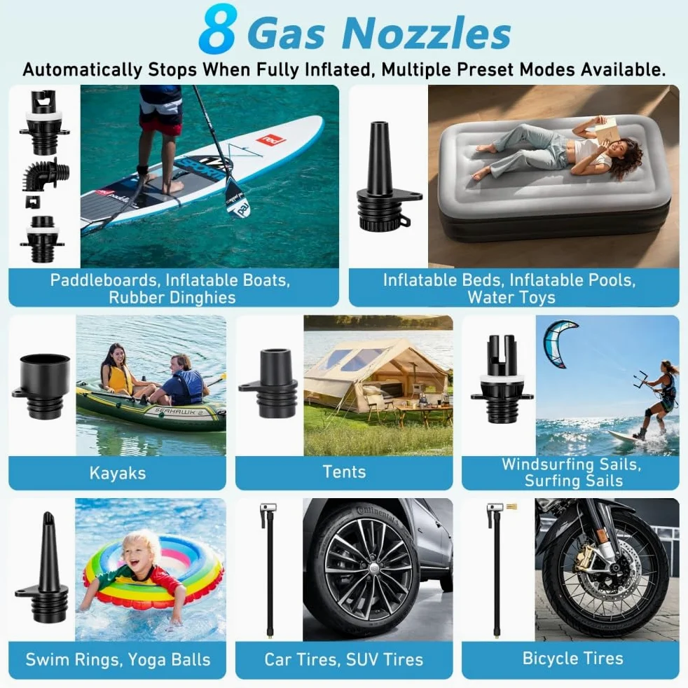 KinZon Pompa ad Aria Elettrica 60 PSI Alta Pressione per SUP, ricaricabile, compatibile con presa auto 12V, spegnimento automatico, gonfiaggio/sgonfiaggio, per paddle, kayak e pneumatici