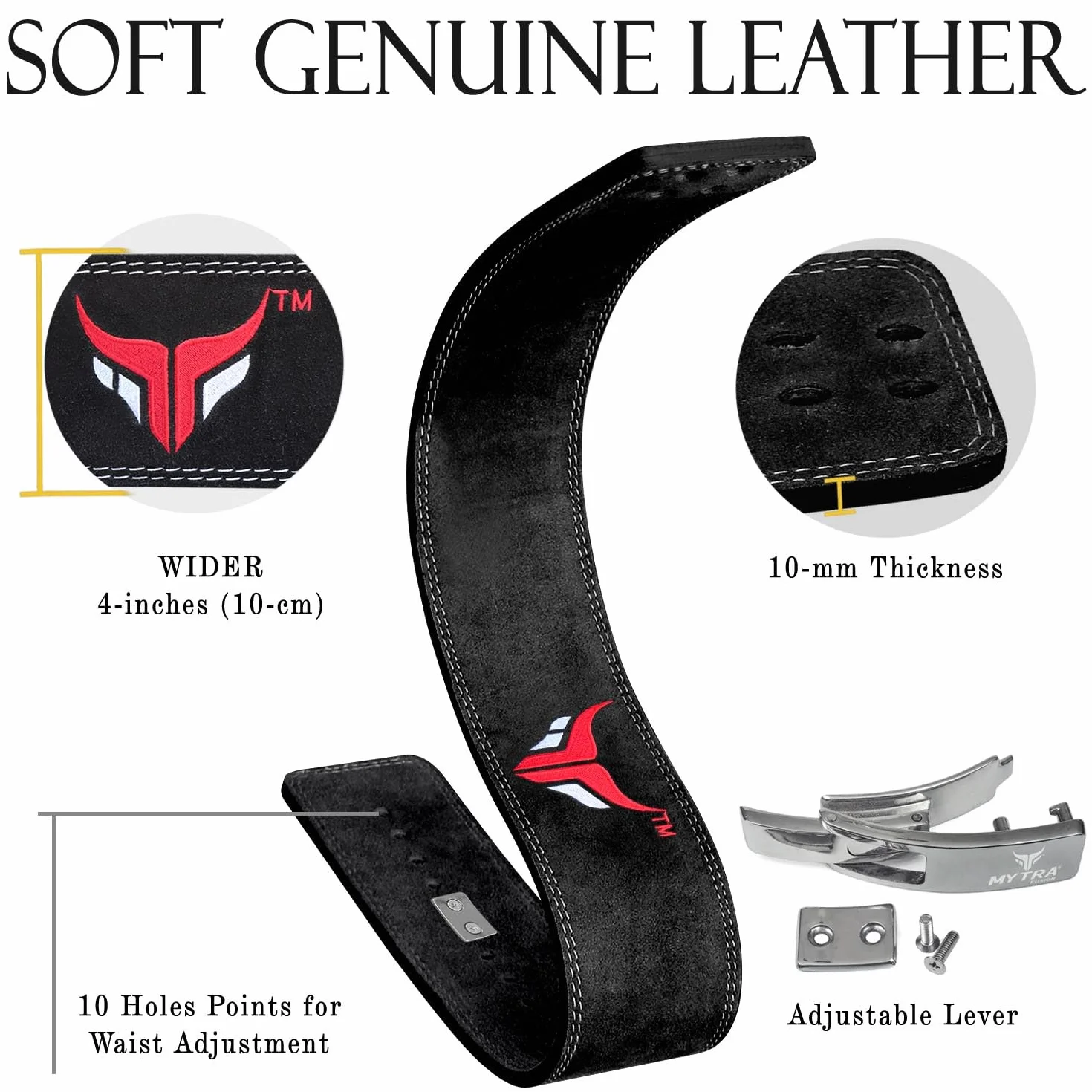 Mytra Fusion cintura palestra uomo & Donna cintura powerlifting, cintura sollevamento pesi 10MM di spessore e 4' di larghezza, 100% Vera Pelle cintura palestra, cintura bodybuilding