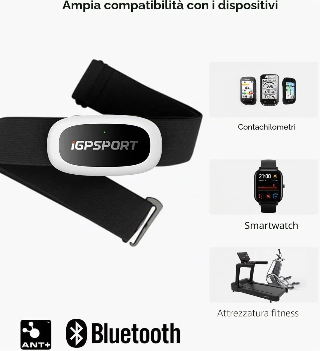 iGPSPORT HR50 Monitor di frequenza cardiaca Bluetooth & Ant+ con cinghia toracica per corsa, ciclismo, palestra e compatibile con Garmin Polar Wahoo - Nero