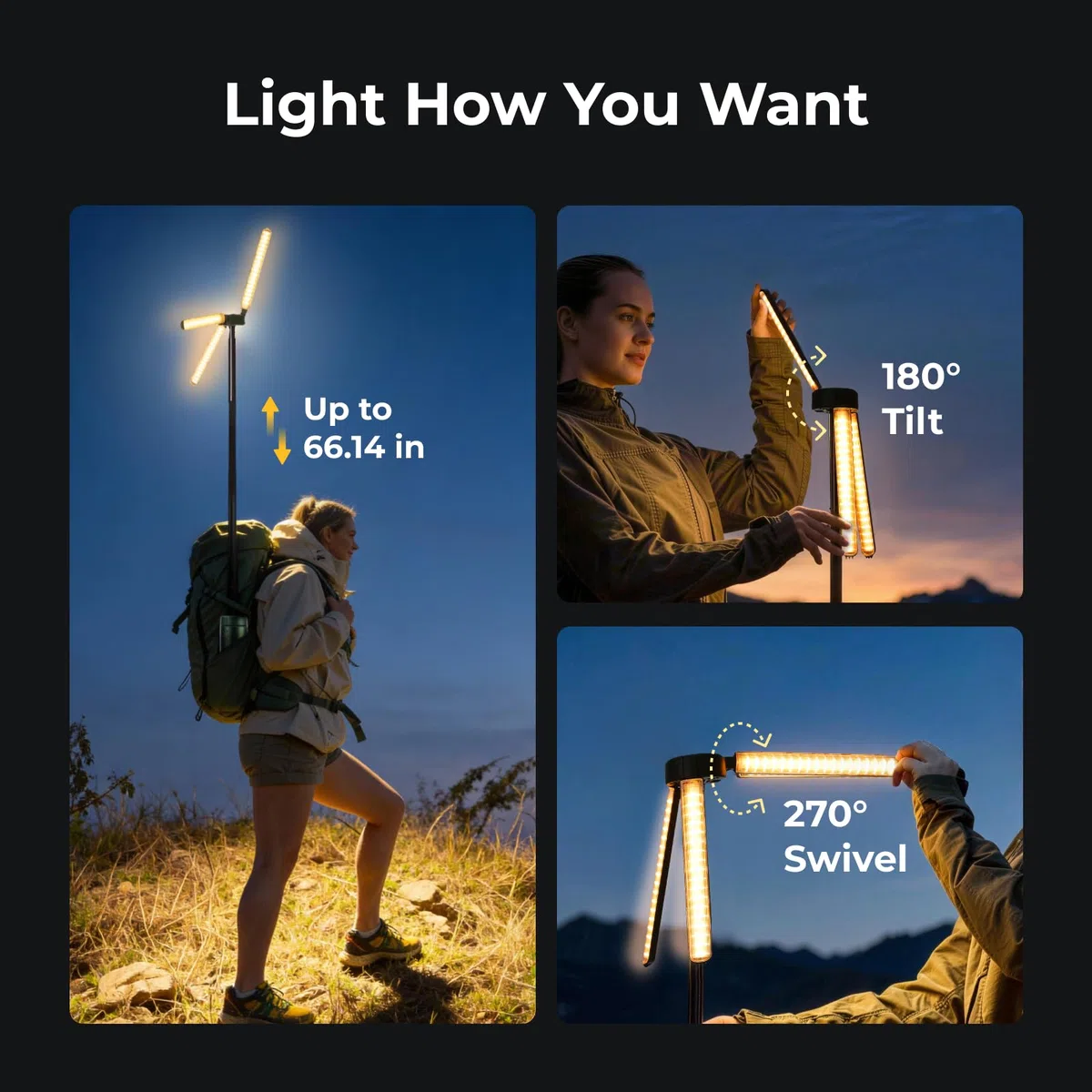 BougeRV Lampada da campeggio telescopica, 15600 mAh, lanterna ricaricabile, luce da campeggio portatile, 1000 x 3 lumen, luce da campeggio girevole per tenda, emergenza, all'aperto, resistente