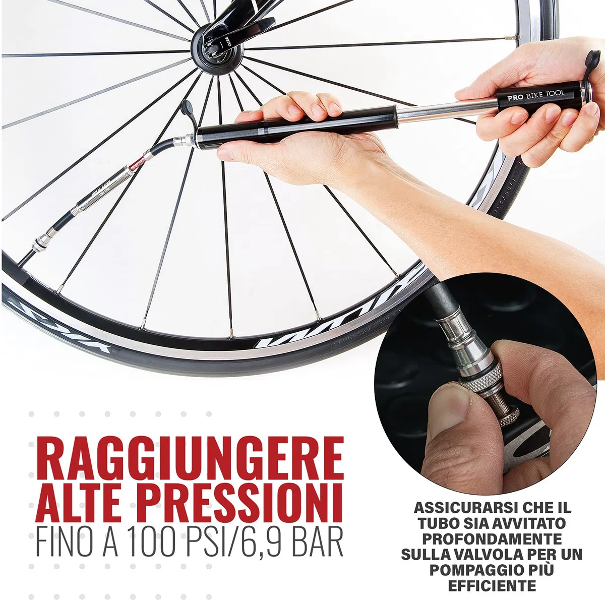 Pro-Bike Tool - Mini pompa per bici con manometro, adatta a Presta e Schrader, gonfiaggio accurato, kit di montaggio incl. - 100 PSI
