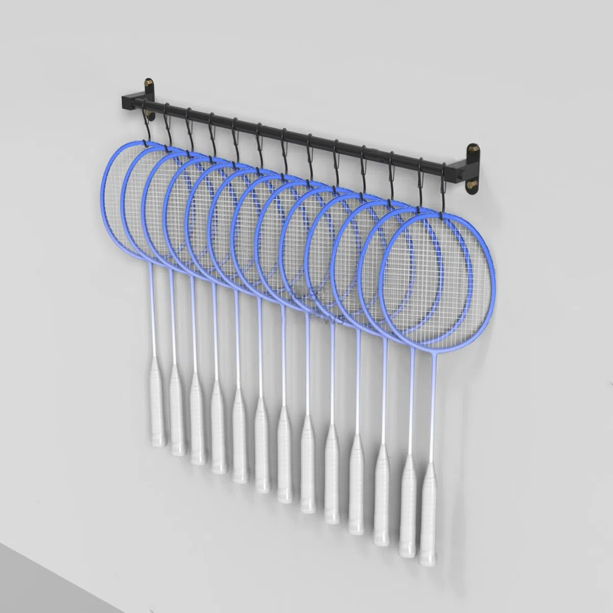 Supporto per racchette da parete con gancio a S, espositore nero per racchette da badminton/tennis da appendere, per casa, ufficio, garage, attrezzatura sportiva, salva spazio (asta da 145 cm