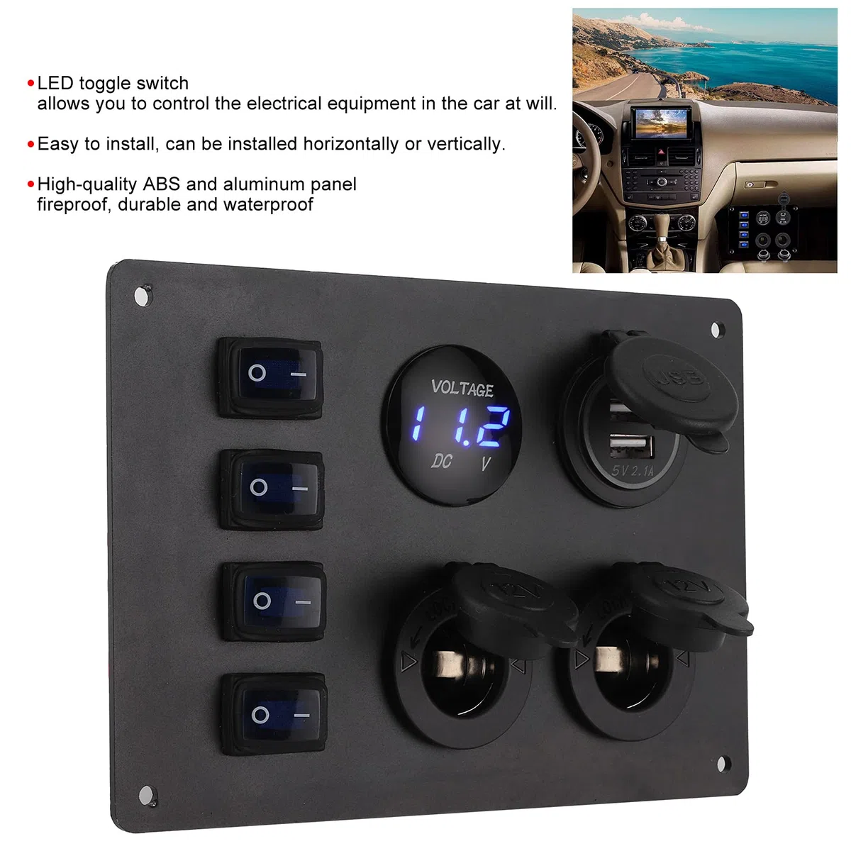 aqxreight - Pannello Interruttori a Bilanciere, Presa 12V Display Tensione Doppia Porta USB Pannello Interruttori a Bilanciere Impermeabile 4 Gang per
