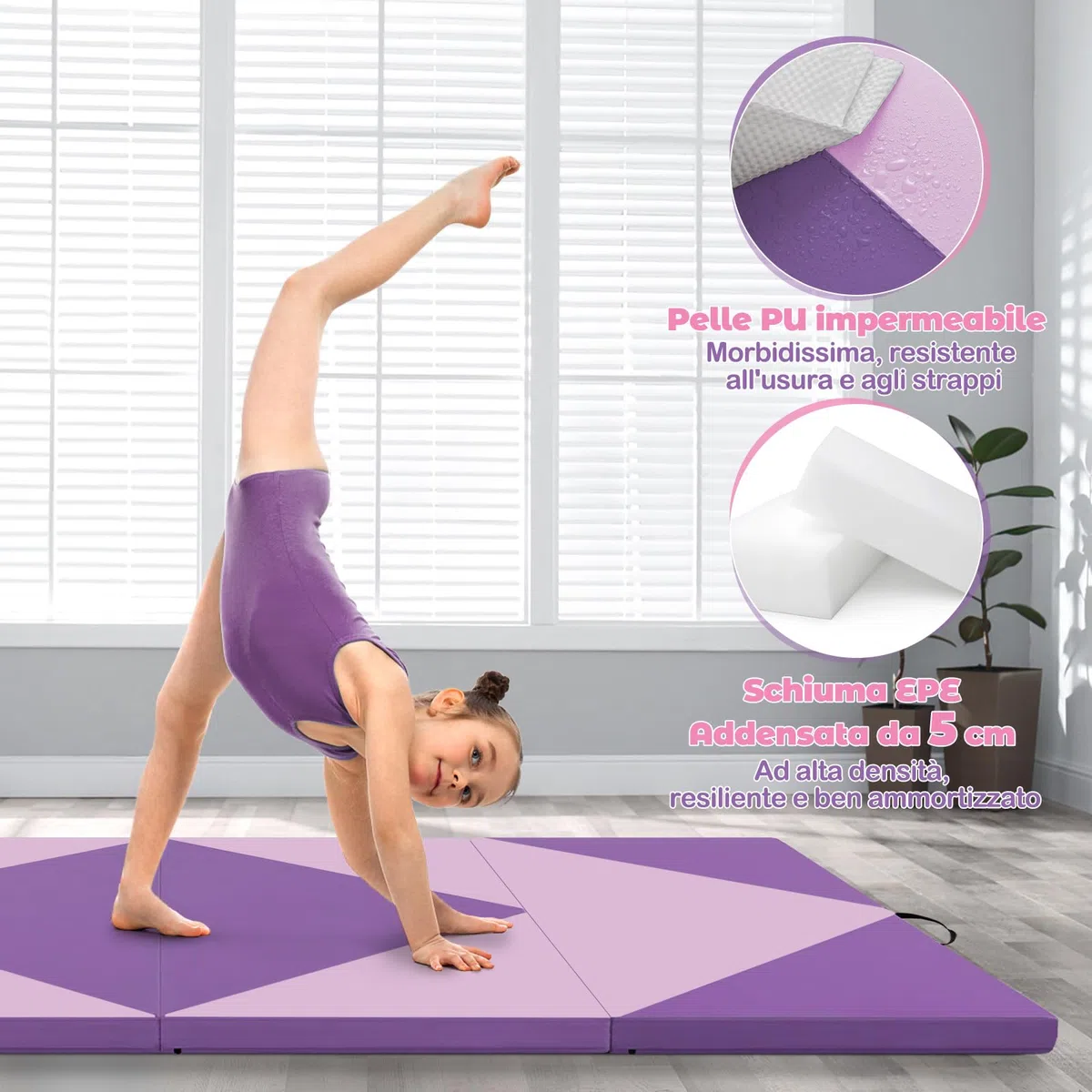 GYMAX Tappetino da Ginnastica Pieghevole, 240 x 117 x 5 cm Materassino da Allenamento Portatile Spesso 5 cm, con Imbottitura Impermeabile e Manici, per Indoor Outdoor Palestre Casa