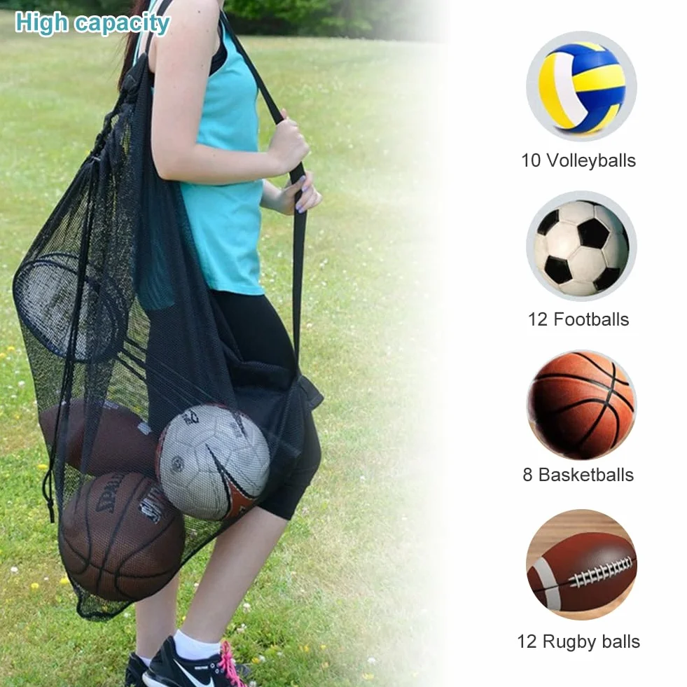 Mesh Ball Bag, Sacca in Rete per Palloni da Calcio, Borsa per Palline in Rete, Borsa Portaoggetti di Palline, per Calcio Basket Pallavolo Tennis Calcio, con Coulisse e Tracolla, 72 X 100cm, Nero