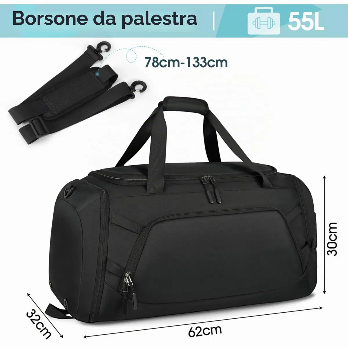 RAINSMORE Borsone Palestra Uomo Borsone da Viaggio Grande Borsa Palestra Donna con Scomparto Scarpe e Tasca bagnata Duffel Bag Gym Bag 55L Nero