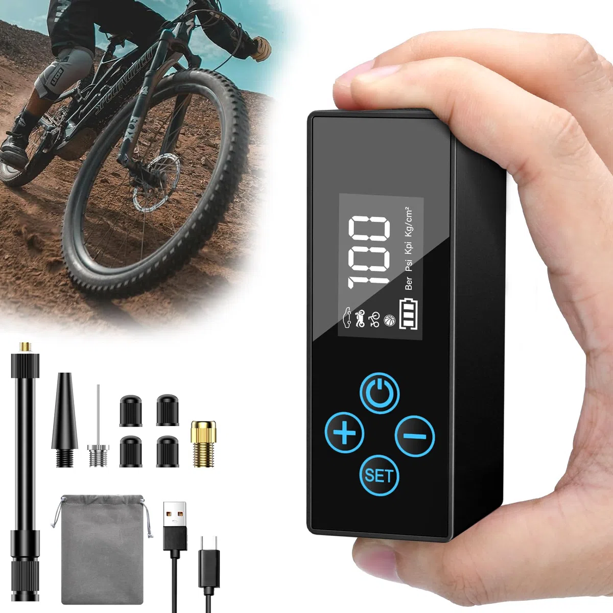 Pompa per Bicicletta Elettrica, Mini Manometro Digitale LCD per Pompa da Bici 4400 mAh, Pompa ad Aria per Bicicletta 100 PSI con Valvola Presta e Schrader per MTB, Bici da Città e Bici da Strada