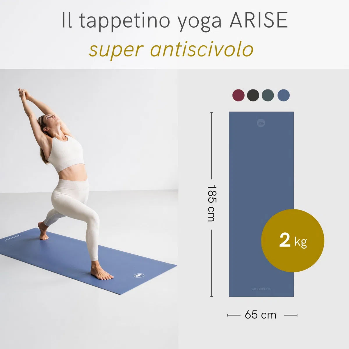 LOTUSCRAFTS Arise Tappetino Yoga, Antiscivolo, Prodotto in Spagna, Tappetino da Yoga in Gomma Naturale, 185 x 65 x 0,4 cm
