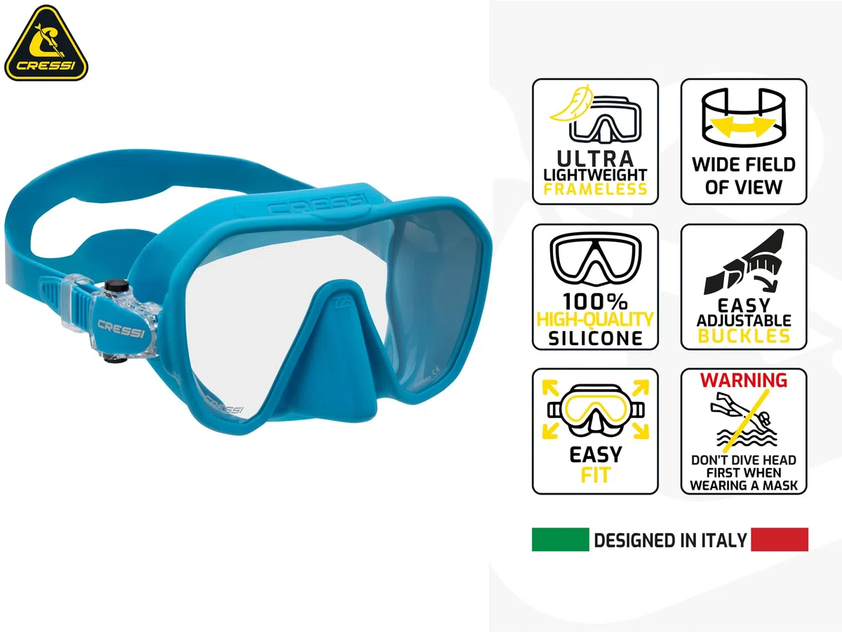 Cressi Maschera subacquea senza cornice per adulti, lente mono, volume interno basso, puro silicone morbido, ZS2: progettata in Italia da Cressi