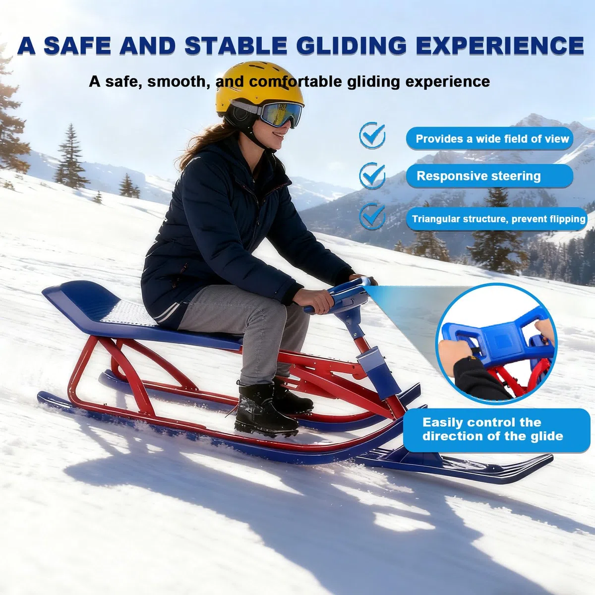 Slitta da Sci,Slitta da Neve,Slitta da Sci per Adulti E Bambini,con Volante E Doppi Freni,Slitta da Neve per Impieghi Gravosi per Sport Invernali,capacità di Carico di 220 Libbre A