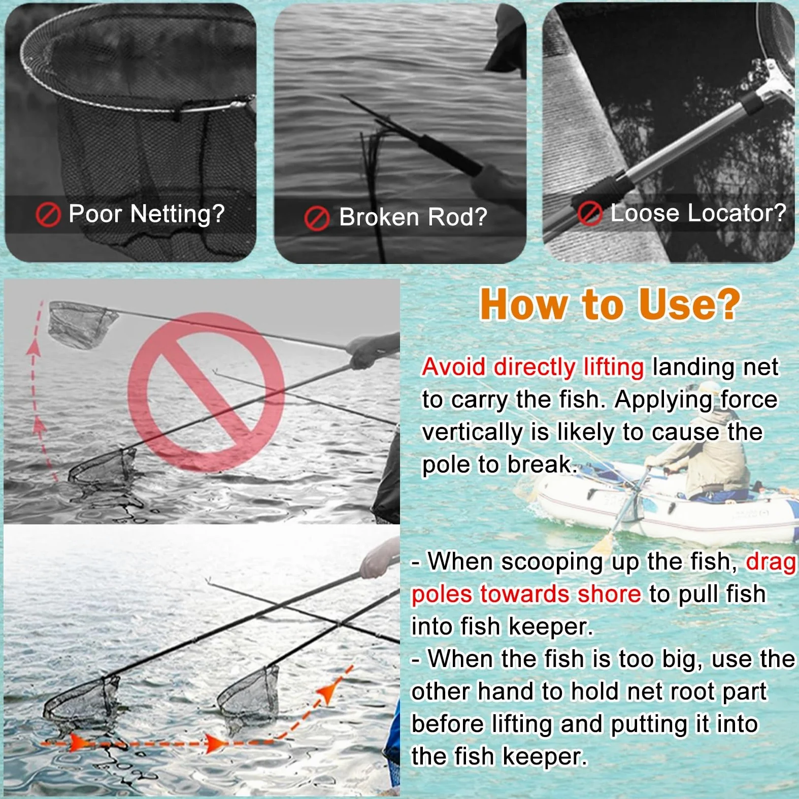 Manico telescopico per rete da pesca, leggero e robusto, palo pieghevole per sbarco di pesci d'acqua dolce e salata