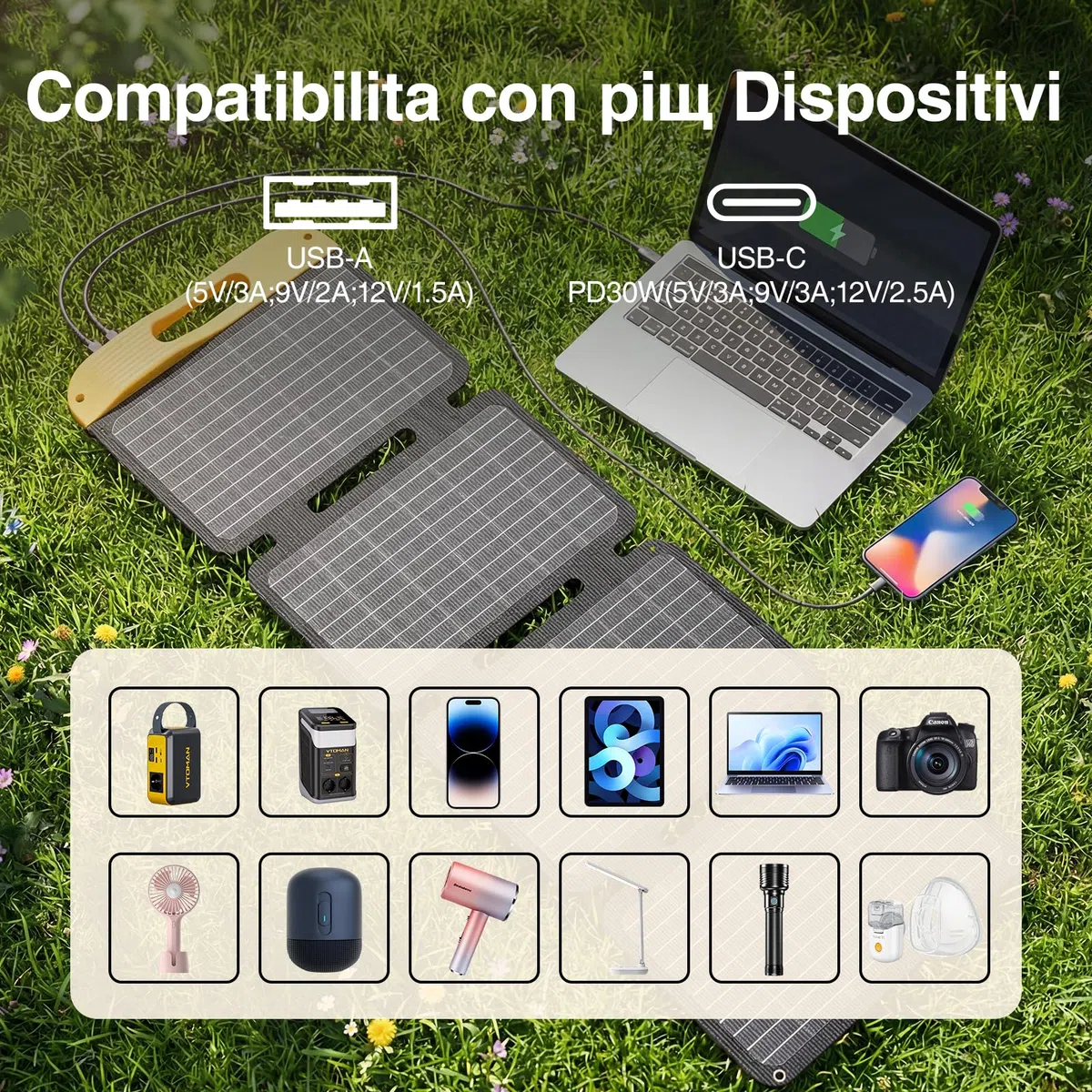 VTOMAN VS40 Portatile Pannello Solare da 40W, 13,9V, 25% Efficienza | Pieghevole Pannello Solare Impermeabile IP67 porte USB-A (Tipo C), PD30W, Leggero, Per Smartphone, Power bank