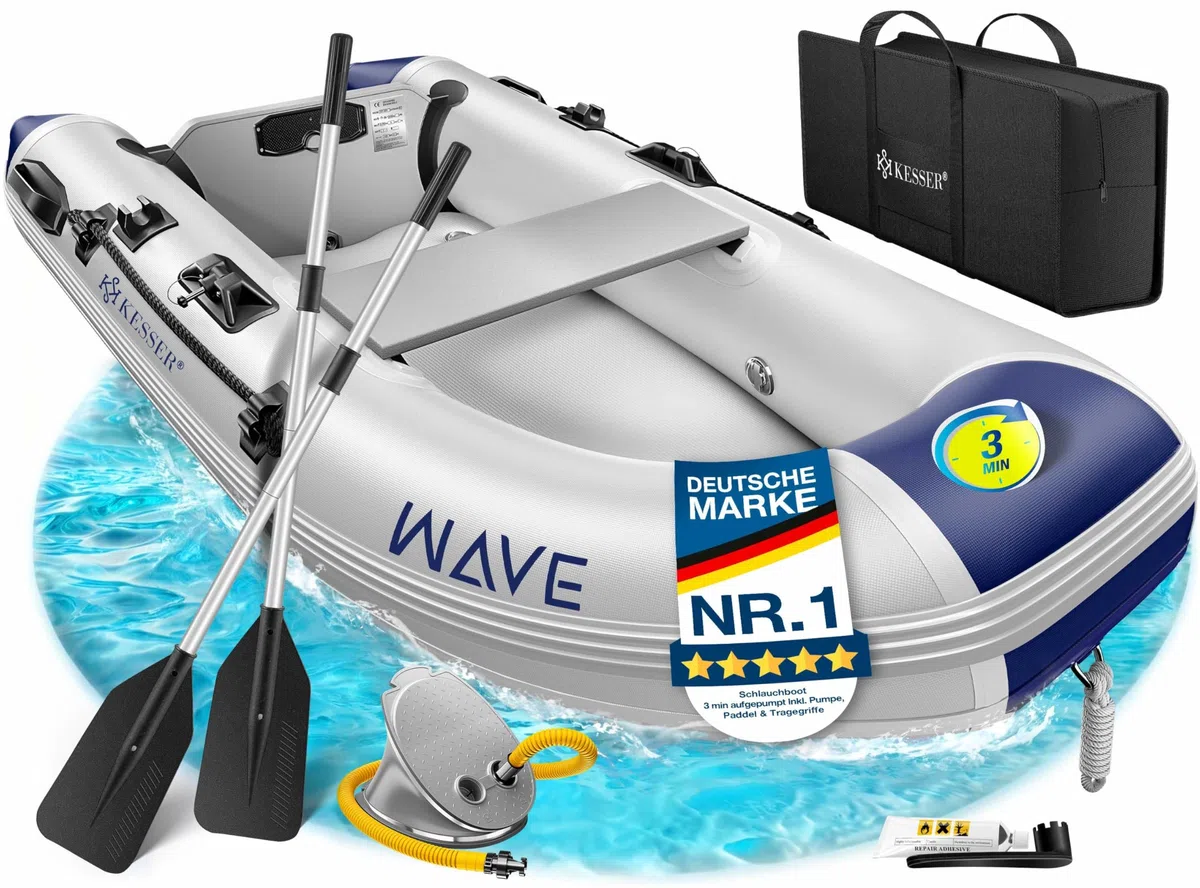 KESSER® Gommone Wave 230-320 cm, set da 6 pezzi gonfiabili – barca + panca, pompa ad aria, pagaia, kit di riparazione, borsa, barca da pesca, barca a pagaia piccola e grande, combinazione motore