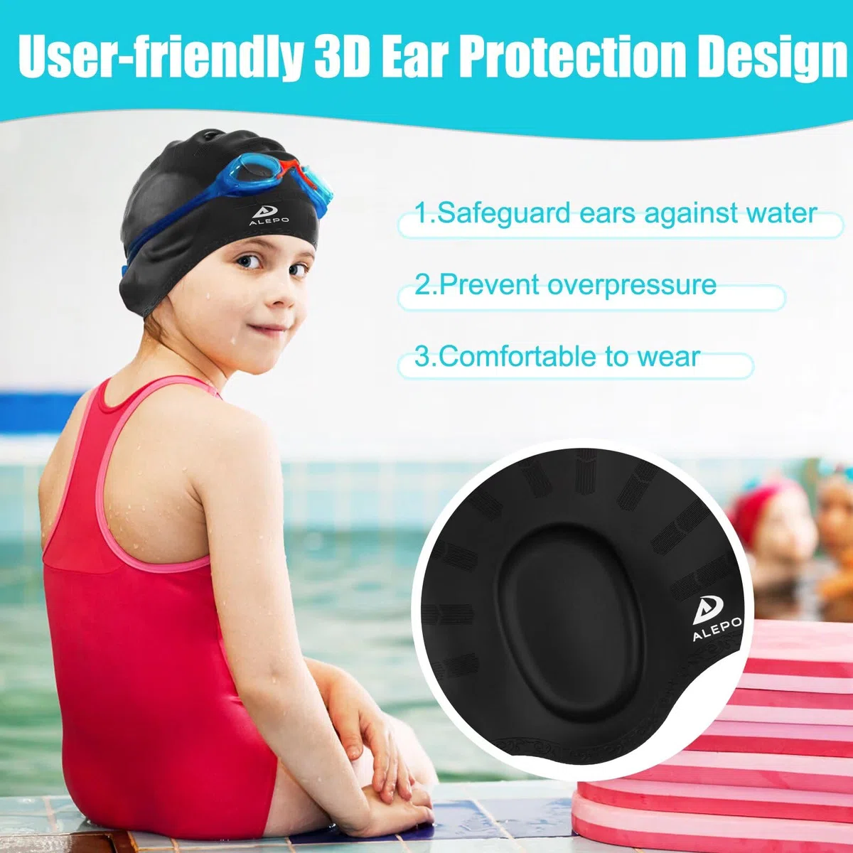 Alepo Confezione da 2 cuffie da nuoto per bambini e bambine, in silicone resistente, con tasche per le orecchie 3D, per bambini dai 3 ai 15 anni, unisex, per capelli corti/lunghi, con tappi per le
