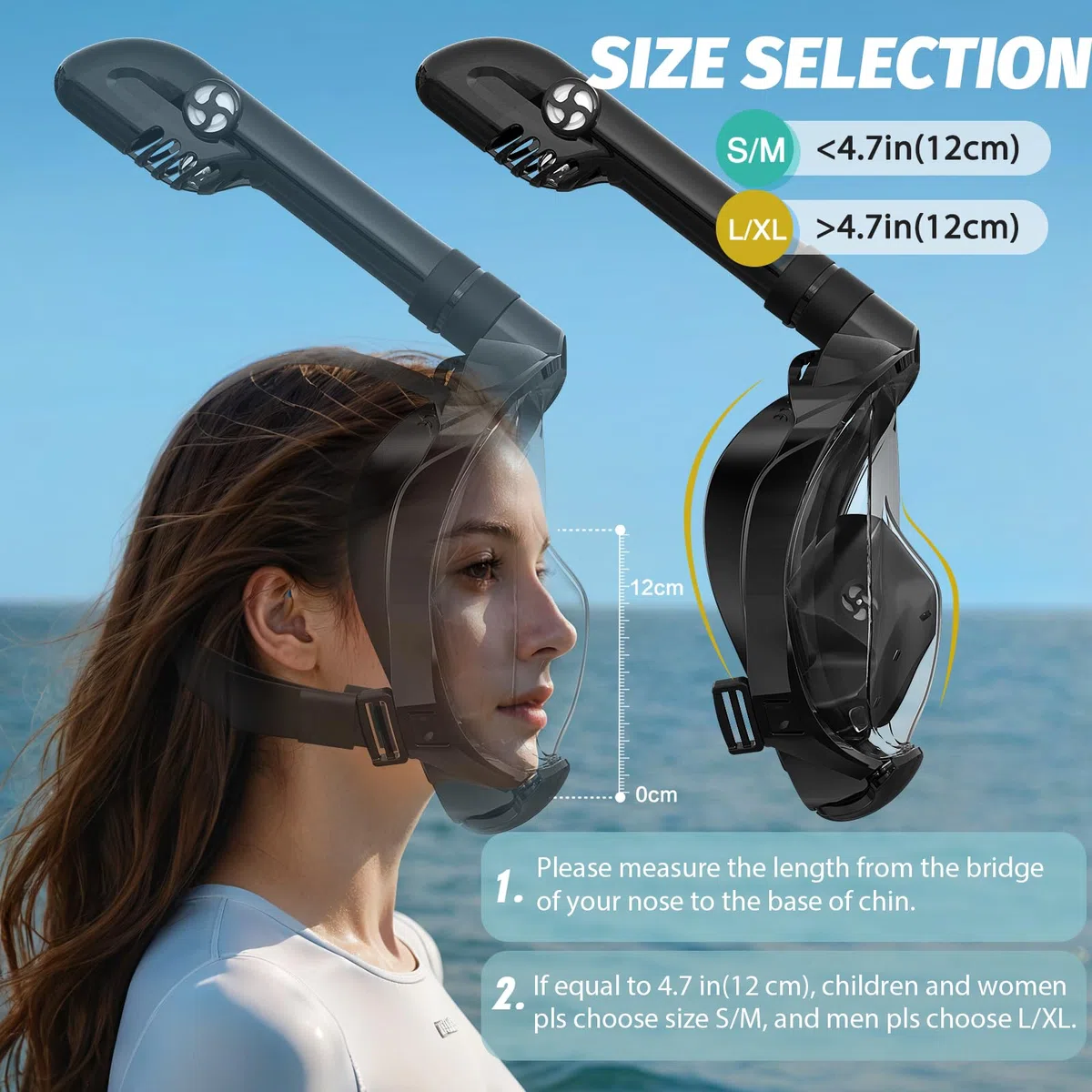 Maschera integrale da snorkeling, attrezzatura per snorkeling per adulti, uomini e donne, vista panoramica a 180 gradi, set con boccaglio anti-appannamento, anti-perdite, sistema Dry Top e borsa da