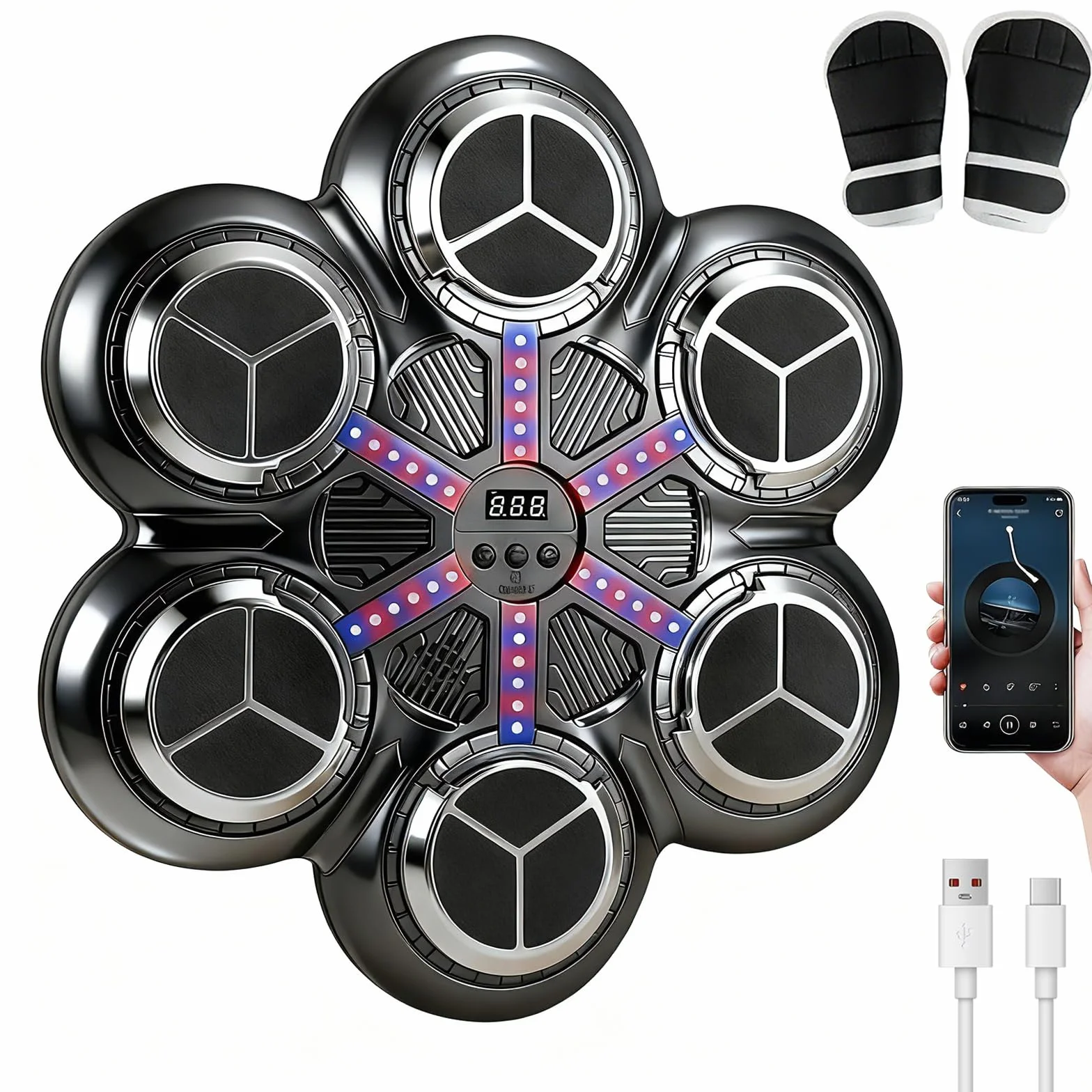 Macchina da Boxe Musicale, LED Music Boxing Machine a Parete con Guanti, Luci Colorate, Supporta Bluetooth, 3 Velocità Modalità di Allenamento, Modalità di Conteggio, per Adulti e Bambini