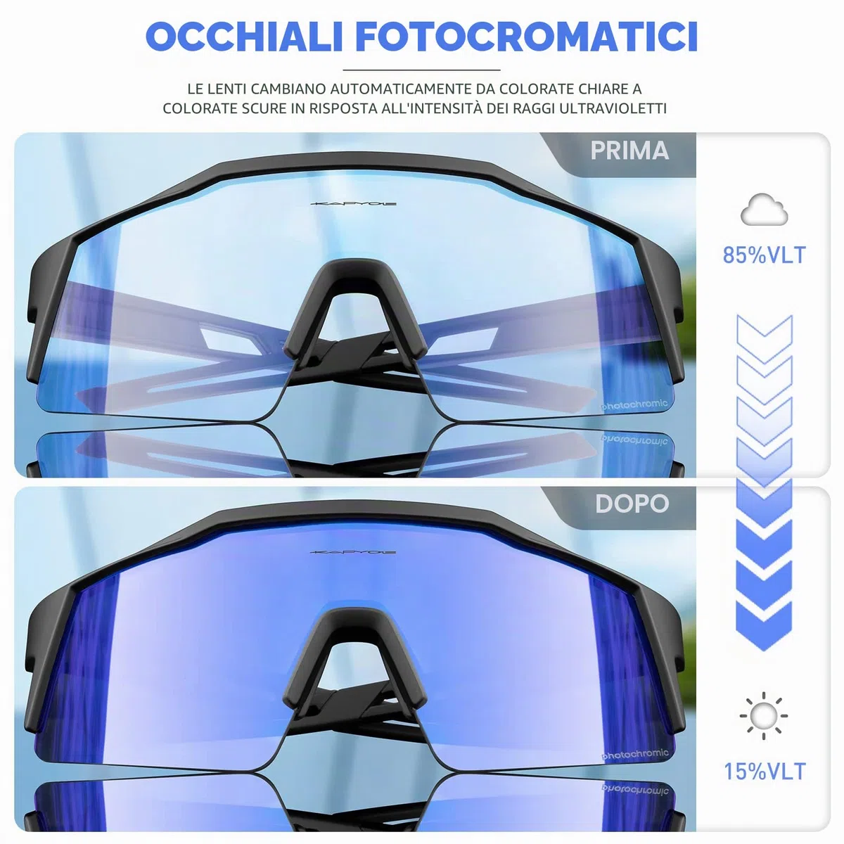 KAPVOE Occhiali da ciclismo fotocromatici UV400 uomo donna TR90 K9023 | Occhiali da ciclismo fotocromatici, UV400 Protezione, Struttura TR90 e supporto interno integrato