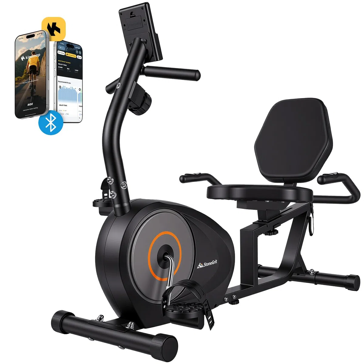 Cyclette reclinata per casa con connettività app, cyclette silenziosa a resistenza magnetica con monitor LCD, maniglia per la frequenza cardiaca, sedile e schienale regolabili, pedali con
