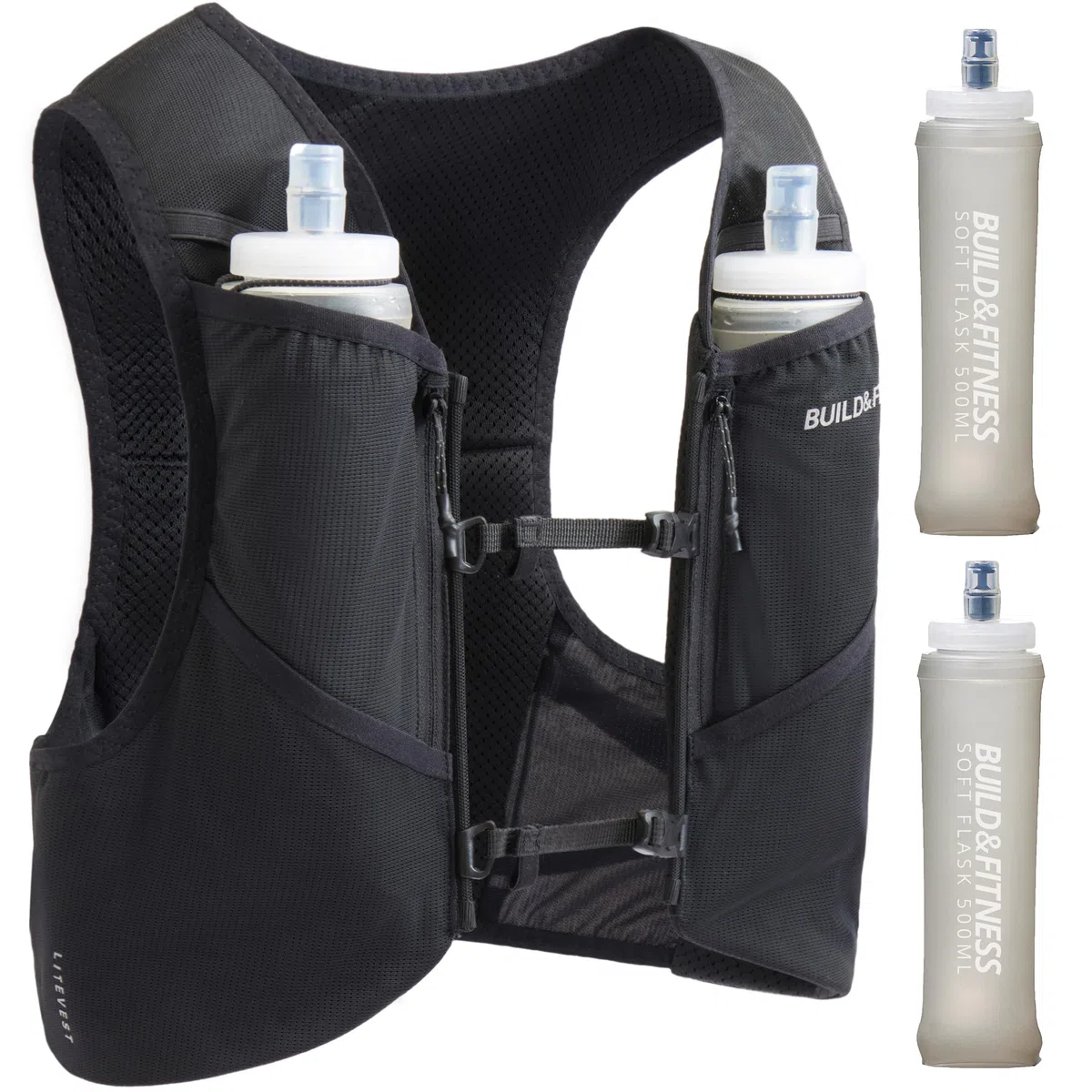 Gilet di idratazione LITEVEST Build & Fitness con 2 borracce morbide da 500 ml – 7 tasche, traspirante, comodo, sicuro ed elegante per trail running, maratone e corse quotidiane